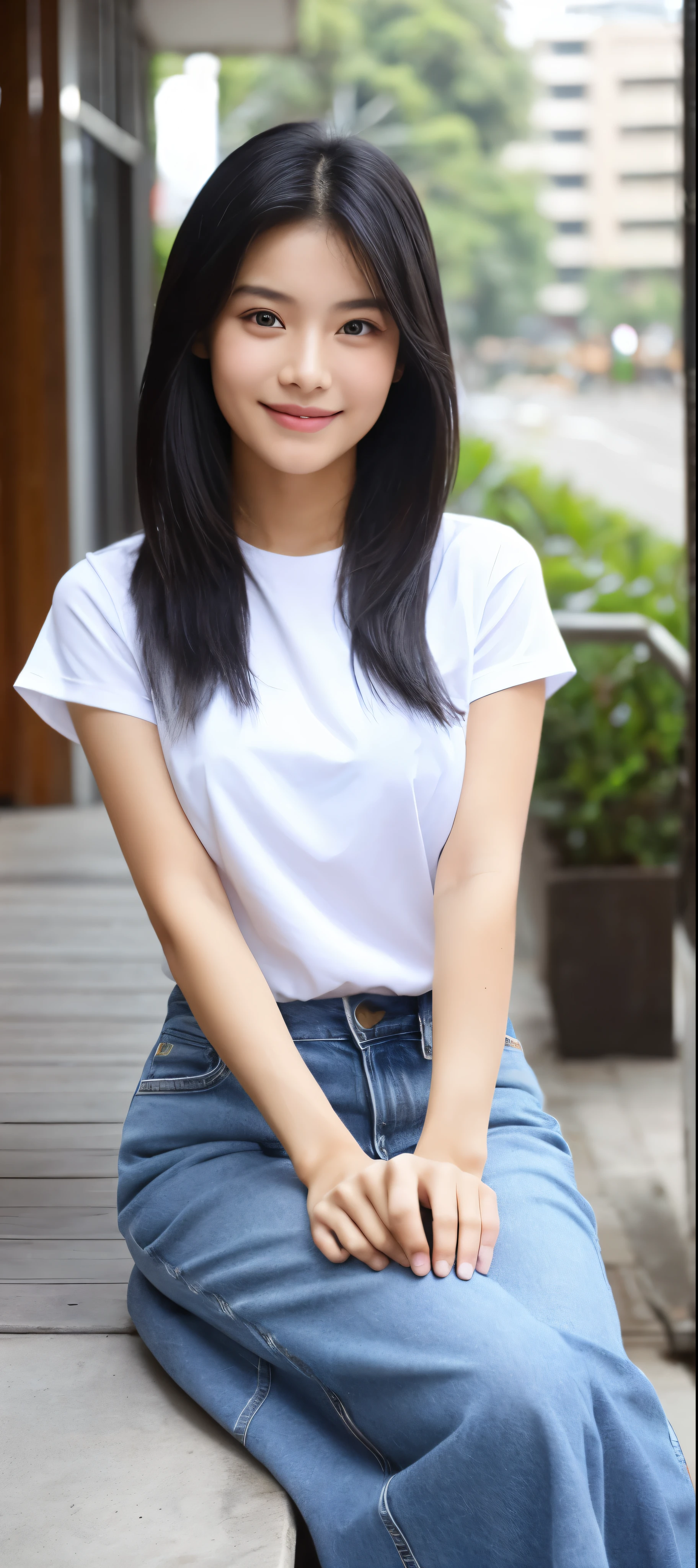 1 girl, indonesian girl, 23 years old, (black hair super-long 1 meters), (very beautiful face, very sweet, sharp eyes like an angel from heaven ), (beautiful hair), actress, smile, shiny skin, best quality, masterpiece, (photorealistic:1.4), terrace seating, asian, indonesian, jakarta, denim long skirt (realistic fabric), white short sleeves (cotton fabric), (no logo), thin fingers