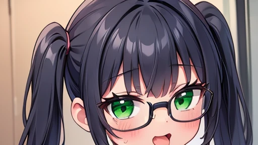 masterpiece,highest quality,wonderful,finely,High resolution,1 girl, big breasts,(long tongue:1.3), black hair, glasses, green eyes,twin tails, full body
