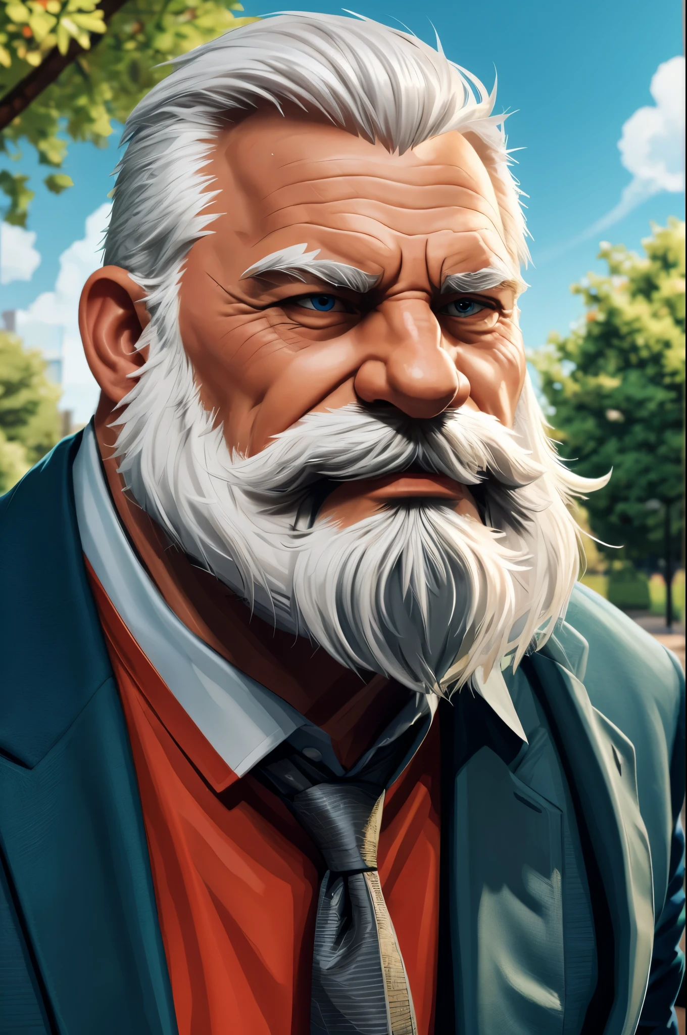 vector, mwvector, masterpiece, high quality, 8k, FHD, HDR, portrait, muscular old man in park, beard, happy, summer, suits, , detailed vector, high detail, half body, realistic, white hair