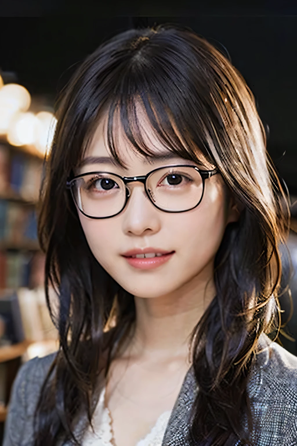 (8K、RAW photo、highest quality、masterpiece:1.2)、(realistic、Photoreal:1.37)、super detailed、超A high resolution、1 girl、37 years old、see the beholder、beautiful and detailed face、A smile that shows some teeth、narrow、(slim waist) :1.3)、blazer、Beautiful and smooth skin、skin texture、floating hair、tied one's hair together、good shape big breasts、professional lighting、autumn dusk、book library、(((Black square glasses )))、human body as a whole、black hair、((Embarrassing appearance))、Accept the book、