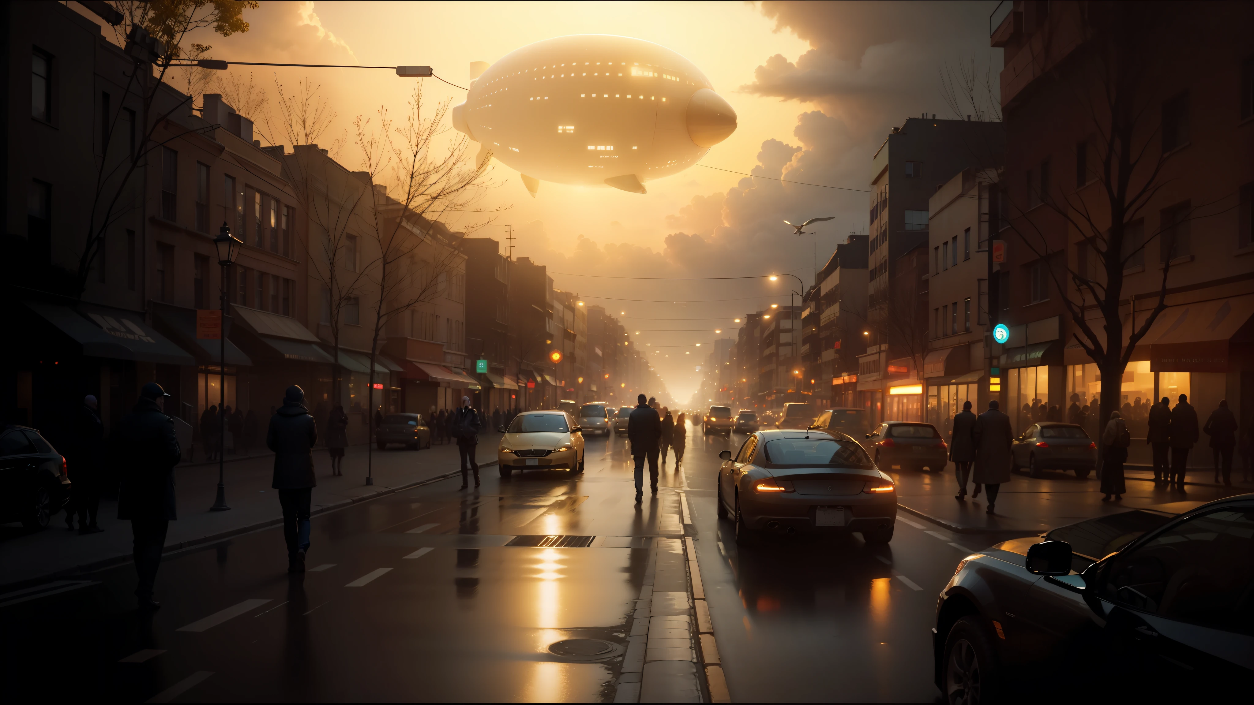 there is a large object flying over a city street at night, ainda do filme a chegada, lumen reflections, sindicato(2012), airships, organic transistors, por Jan Victors, ainda de um videoclipe, reflexo de lente, atmosfera nublada, steel farm, arte fosca, avenida, inspired by Jules Chéret, comercial de champanhe --auto --s2