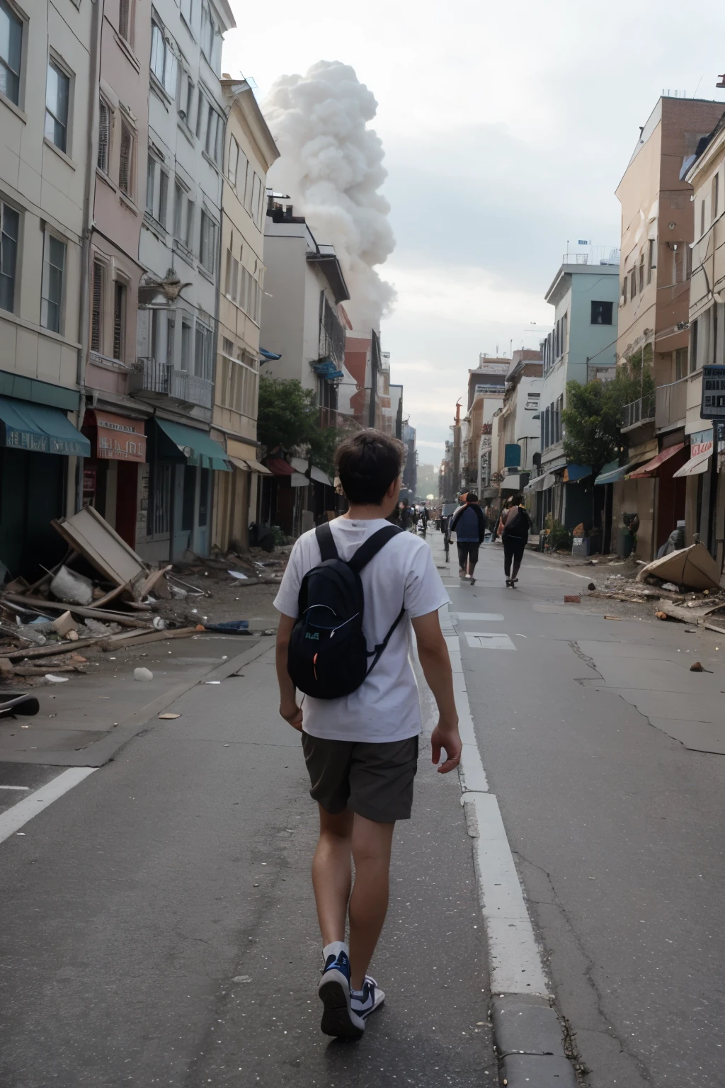 Boy walking confidently in the middle of a catastrophe, animado version disney