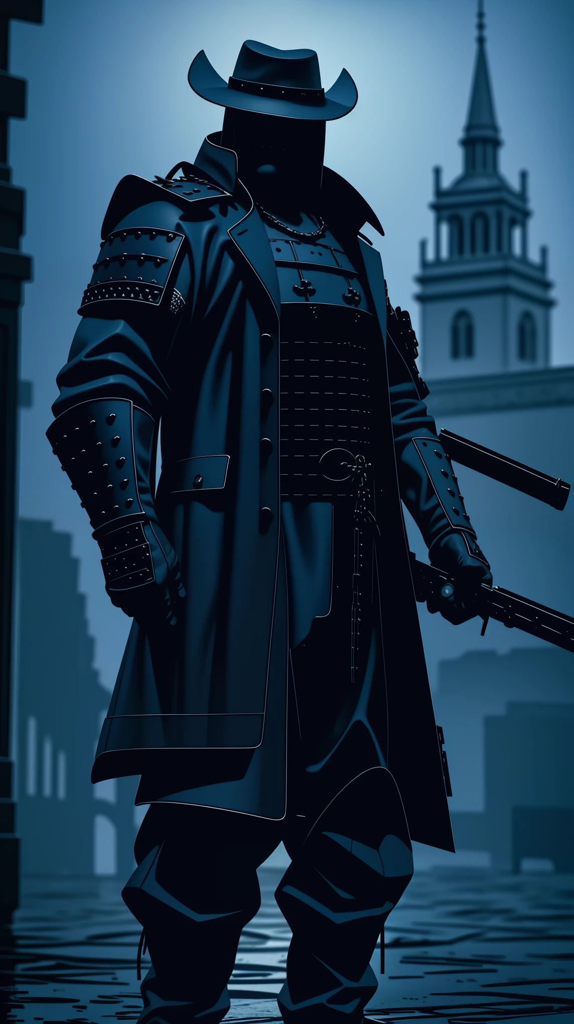 demon hunter, equipped with two pistols, with a large hat that partially covers his face, a masculine and battle-hardened man, wearing a long black trench coat, symbols of protection all over his body, purple glasses, hanging on his neck , religious rosary, ruthless and professional, work boots and an old watch in his pocket, in the background a city with a bell tower where the bells ring, dark atmosphere, 3d illustration, high quality, realistic and very detailed, A masterpiece, representation physically based, holding the gun with both hands, aiming at you