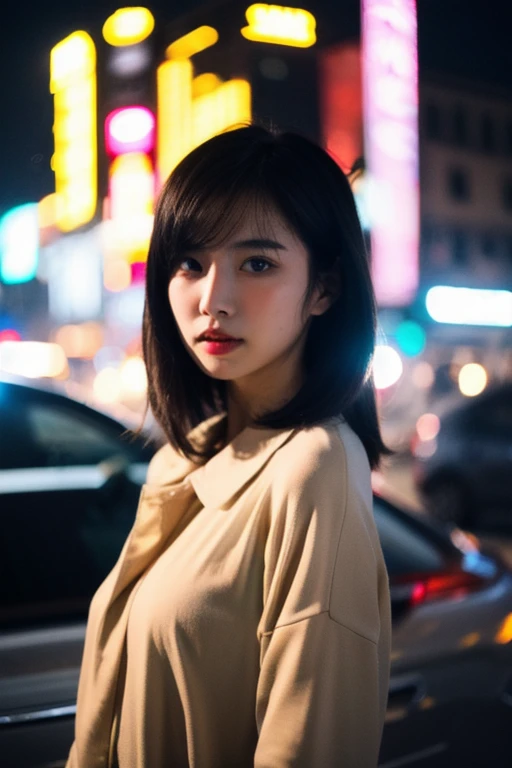 (cinematic aesthetic:1.4) Beautiful Korean fashion model bokeh city night photo