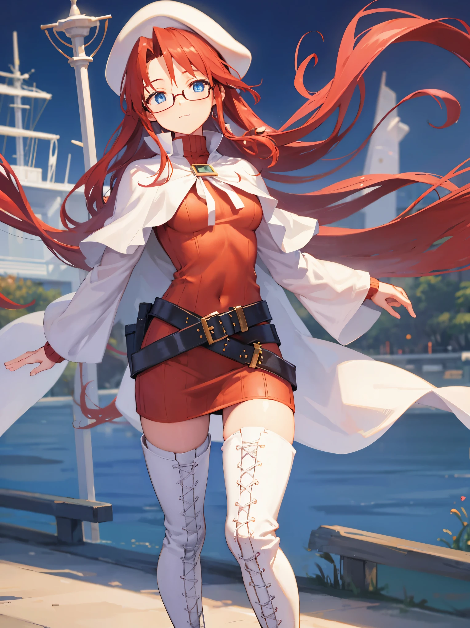 summonnightaty, aty, long hair, blue eyes, red hair, beret, hat, glasses,
BREAK long hair, thighhighs, hat, dress, boots, glasses, belt, cape, sweater, zettai ryouiki, beret, thigh boots, white footwear, ribbed sweater, loose belt,solo,
BREAK outdoors, fantasy,on_a_ship,
BREAK (masterpiece:1.2), best quality, high resolution, unity 8k wallpaper, (illustration:0.8), (beautiful detailed eyes:1.6), extremely detailed face, perfect lighting, extremely detailed CG, (perfect hands, perfect anatomy),covered_nipples,covered_navel,light_smile ,(half_eyes:1.4),sword,armpit,sleepy,dynamic_standing,barrel,red_sweater,apart_legs,magical_effect,back,