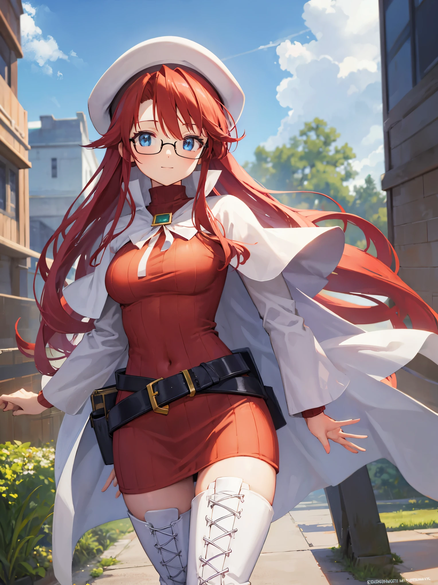 summonnightaty, aty, long hair, blue eyes, red hair, beret, hat, glasses,
BREAK long hair, thighhighs, hat, dress, boots, glasses, belt, cape, sweater, zettai ryouiki, beret, thigh boots, white footwear, ribbed sweater, loose belt,solo,
BREAK outdoors, fantasy,on_a_ship,
BREAK (masterpiece:1.2), best quality, high resolution, unity 8k wallpaper, (illustration:0.8), (beautiful detailed eyes:1.6), extremely detailed face, perfect lighting, extremely detailed CG, (perfect hands, perfect anatomy),covered_nipples,covered_navel,light_smile ,(half_eyes:1.4),sword,armpit,sleepy,dynamic_standing,barrel,red_sweater,apart_legs,magical_effect,back,