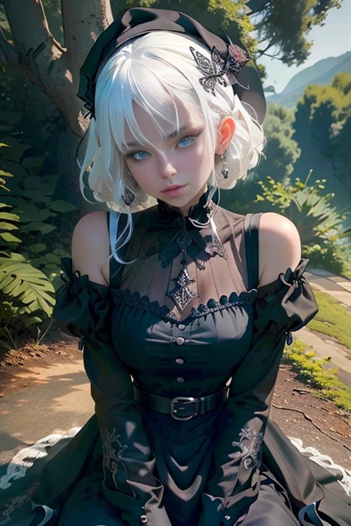 Beauty in white hair, hat, goth dress, Perfect proportions, (detailed eyes, eye correction), Girl lays down on the floor, slim girl, (gothic decoration:1.5), realistic hands, detailed hands and fingers, Definition and sharpness of textures, under a tree on a hill, high angle shot, (Delicate images), (Raw photo: 1.4), (Photorealistic: 1.4), (Highly detailed), (high resolution), (Best quality), (masterpiece)