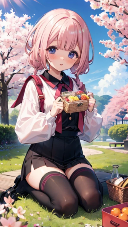 、、Shyness、blush、embarrassing、blush、peak、High resolution、Full HD、8K quality、、、Cherry-blossom viewing、cherry blossoms、picnic、picnicシート、Bento、multi-person group、garden、gardenの道、Grass、、、eye highlights、lively eyes、clear eyes、beautiful eyes、seiza、seiza座り、black stockings、black spats、black tights