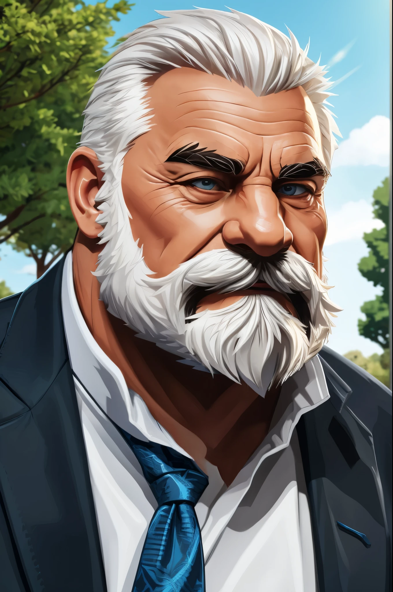 masterpiece, high quality, 8k, FHD, HDR, portrait, muscular old man in park, beard, happy, summer, suits, vector, mwvector, detailed vector, high detail, half body, realistic, white hair