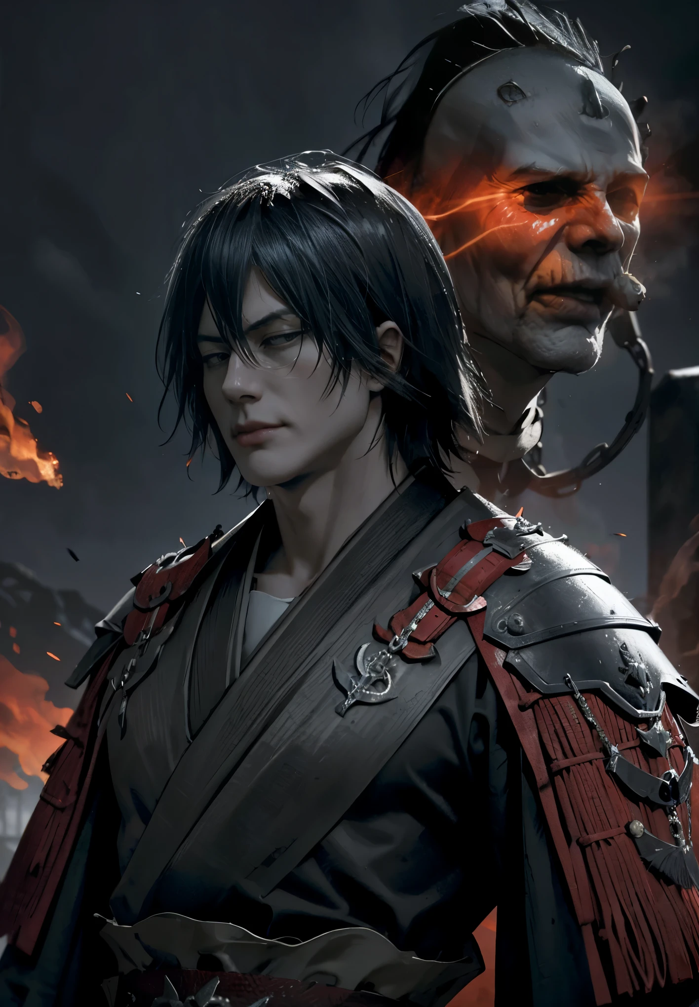 Vampiro_caballero, solo, retrato,, (majestuoso, impresionante, Exquisito:1.3),toji fushiguro,fallen samurai,embers,gloomy and eerie atmosphere,red samurai,dramatic lighting,cracked red armor,intricate details,A lost battle,Fading glory,ghostly shadows,foggy background,Face under the mask,Majestic helmet,A figure, rising smoke, Doomed fate, grim ruins, Majestic composition, Military honor, loneliness, firefighting, A sinister presence, ash and smoke, Bloody earth, Worn armor, determination, Glyph of courage, The end of the samurai era, A field devastated battle fighter, standing in the middle of the battlefield [dull color palette],[subdued tones],[intrusive atmosphere:0.9]