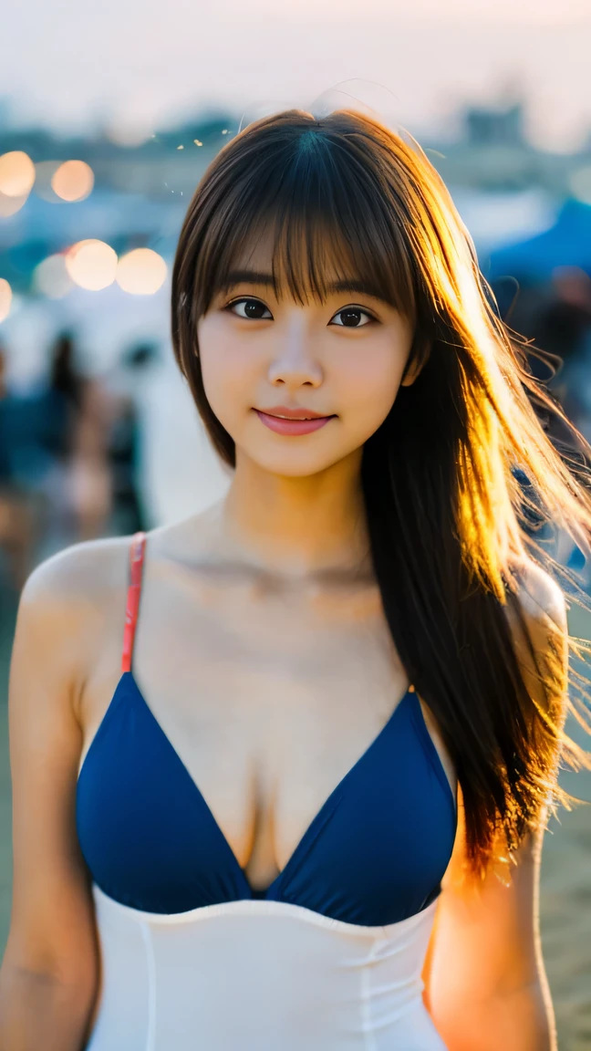 bokeh, masterpiece, analog photo, RAW, beautiful 1 girl, , Light brown long hair, Light brown beautiful eyes, Blushed face, (Japanese idol:1.5), small breast, , Looking at the viewer, cute smile, cowboy shot, sundown Street, no nsfw,　standing up straight、masterpiece、(wearing navy blue One-piece swimwear), Slender body, the body is directed in the direction of the viewer, Crowded with people　summer beach,