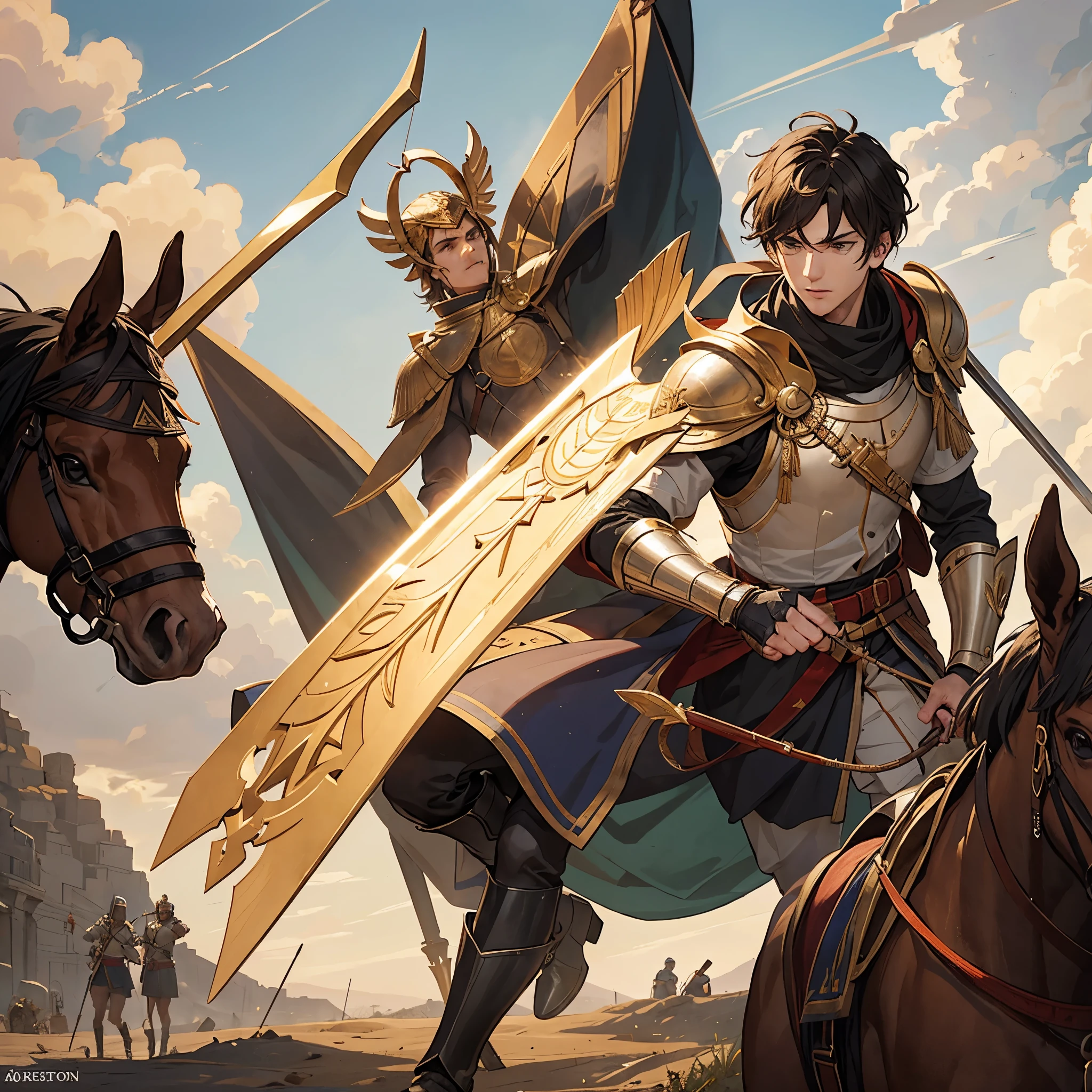 a British man of Roman Empire at 20years leading the war against Egyptians with horse spear, arrows and other equipment on the battlefield full of warriors