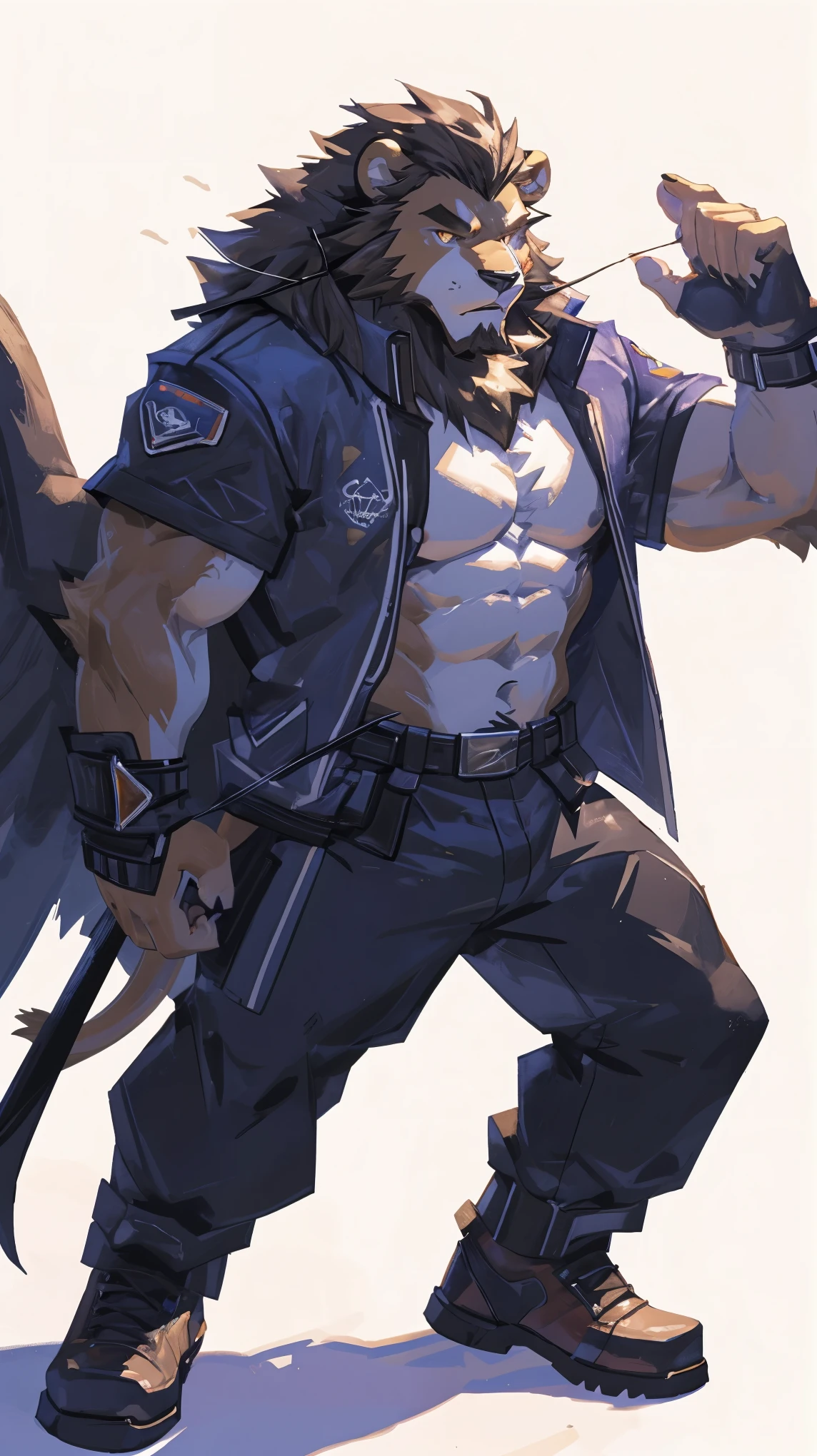 (masterpiece:1.2), best quality,pixiv,official art,perfect anatomy, (Ray tracing, light),solo, (1_male:1.3) , (muscle), (dynamic poses:1.3), (ultra deTailed), sharp focus, Negi, eyes, (glowing golden eyes), (short hair), (short fur), （30 years old）,(brown fur:1.4),(muscle lion), (beard:1.2),lion Tail, Thick eyebrows, Bomber Jacket, cargo pants, boots, ultra deTailed face, high deTails, high quality, (best quality,4K,8K,high resolution,masterpiece:1.2),bright colors, jumping, reach hand, (white background:1.3), (light flow:1.3)