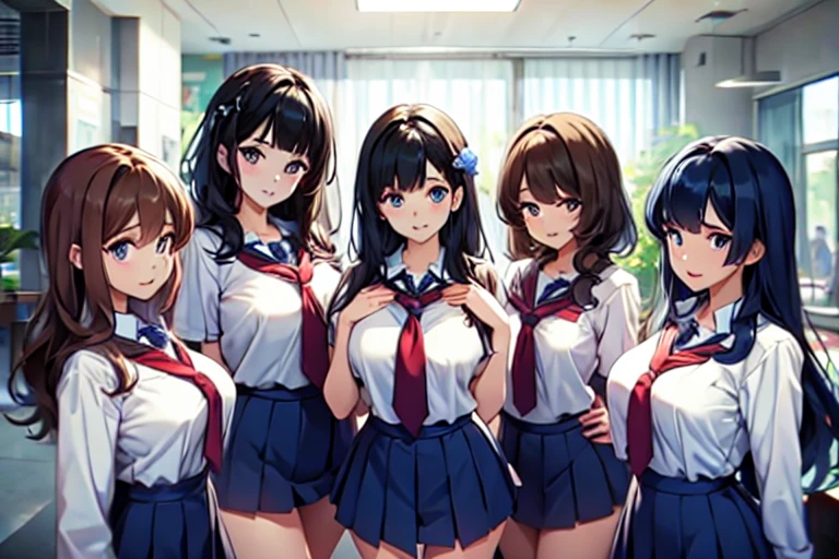 5+girls,cowboyshot,pov,beautiful detailed eyes, detailed lips, long eyelashes, bright and vibrant colors, natural lighting,(best quality, 4k, highres), ultra-detailed, soft and smooth texture, no distractions, dreamlike sensation, slight bokeh effect,highlighting her figure,deformed and independented breasts,schooluniform,side by side,Different posing,surrounded by girls,(small breasts:1.3)