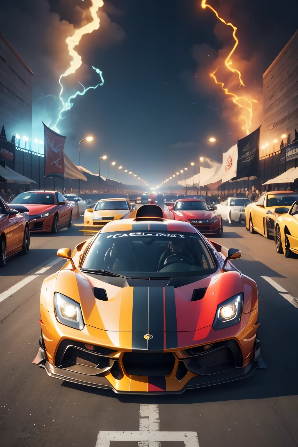 In this 4K HD image, a majestic banner waves proudly, boasting vibrant and flashy colors that captivate the audience. The banner celebrates the thrill of performance cars, showcasing sleek vehicles with gleaming metallic surfaces and smoking exhaust pipes. The roar of their engines echoes through the scene as people gather around, their excited faces reflecting the intensity of the moment. This high-definition image promises an immersive experience for viewers, transporting them to the heart of the action.