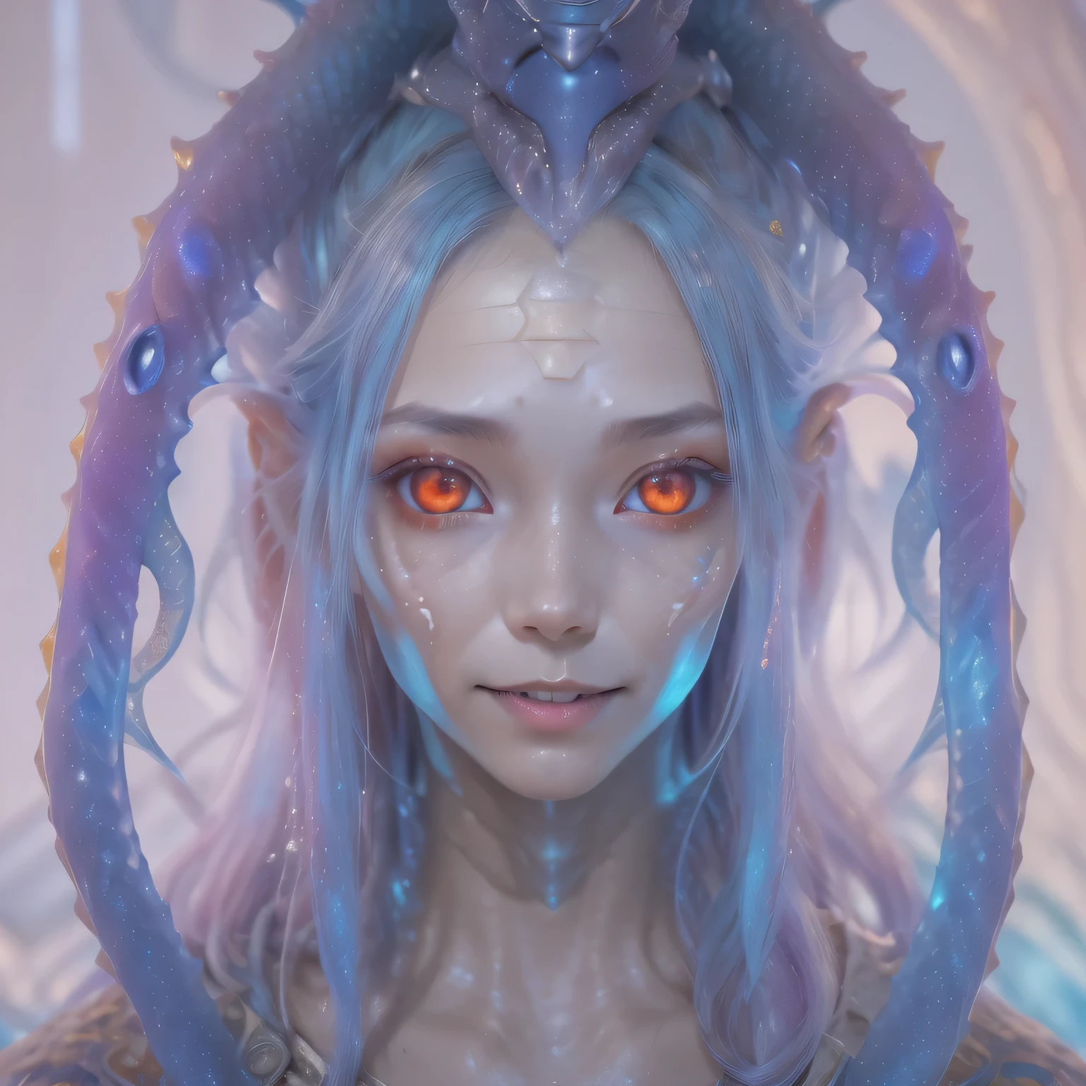 The detailed art is awesome and sexy with color., Portrait, (Beautiful and obscene female alien:1.4), (Rudeness 1.5), (She has red eyes with no pupils.:1.8), (Bright skin:1.7),  ((There is an organ resembling a female genitalia in the middle of the forehead.:1.9)), (The most beautiful faces in the history of the universe:1.2),The evil eyes that beguile, (big mouth:1.1), (Sharp teeth like a vampire:1.2), full body image, (bioluminescent:1.5), (evil smile:1.3),  (sexy pose:1.5), Incredibly beautiful aliens, (She has unrivaled beauty.:1.5),  no human, cells are fused, (Many translucent tentacles:1.3) extraterrestrial, cell, Biological image, best quality, 8k,In 4K format_quality, Highly refreshing, incredible light, table top:1.5,cinematic quality, More details, (exquisite details:1.2), high resolution, Highly refreshing, Honest drawing, (Thick eyebrows:1.2), Beautiful eyes have delicate symmetry.,(Highly detailed faces and eyes:1.2), close face, (Super detailed skin quality feeling:1.4), perfect anatomy,  (The body has a beautiful tone.:1.5),  (Moisturized skin:1.2), No makeup, (dark circle:1.1), Long fangs, Movie character drawing, ultra high quality model, cinematic quality, More details, (exquisite details:1.2), high resolution, Highly refreshing, Honest drawing, official art, Unity 8k Wall  , 8k Portrait, best quality, Very high resolution, Ultra-detailed artistic photography, midnight aura,  Unreal Engine 5, Extremely sharp focus, Artwork by Amano Yoshitaka., RTM germs, Rorich, intricate artwork, best quality, Masterpiece, ultra high resolution, (photorealistic photo:1.4), Ultra-realism, dreamlike, snail, Imagination, snail, Dream snail, (biopunk snail:1.3),Exciting color tones, Ultra-realism, charming smile, (white and blue mustache:1.4), Delicate gold accents 