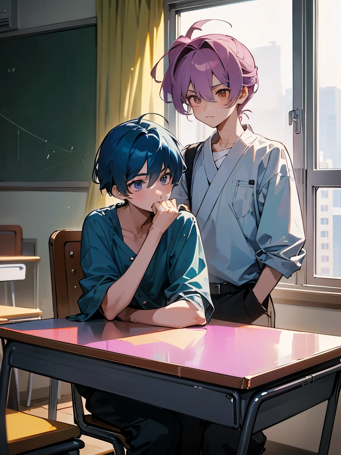 cartoon of two boys sitting at a table with a book and a backpack, ddlc, in the art style of 8 0 s anime, 9 0 s anime style, 90s anime style, in anime style, in an anime style, anime aesthetic, anime vibes, 9 0 s anime aesthetic, 9 0 s anime art style, lofi boy, typical anime classroom, beautiful background window, two cute boys, beautiful faces, two boys, don't extra hands, NO extra hands, generate two boys with NO extra hands, NO extra arm