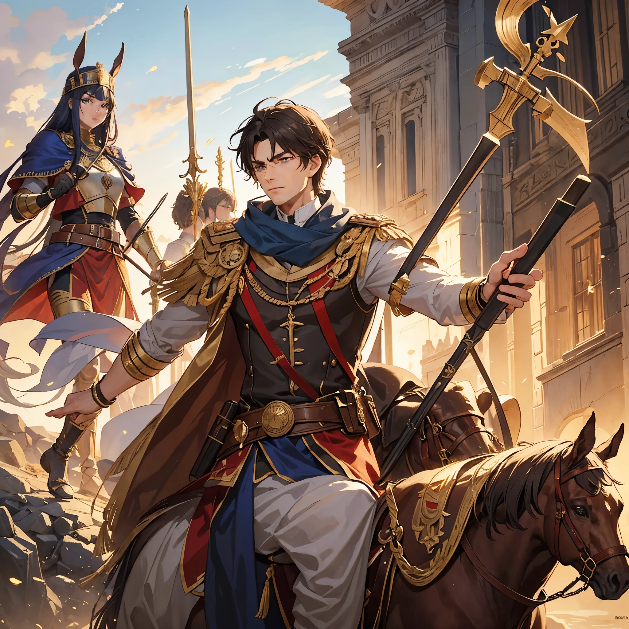 a British man of Roman Empire at 20years leading the war against Egyptians with horse spear, arrows and other equipment on the battlefield full of warriors