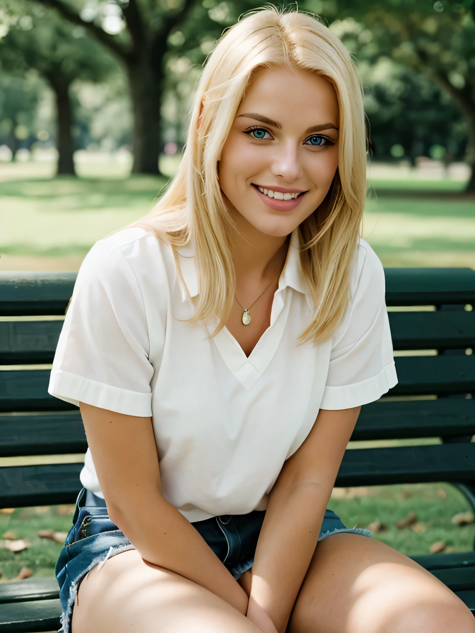 a closeup  full cover body shot photo of a blonde with perfect eyes, smile, same face, same , sitting crossed legs on bench, in park, fashion photograph, film