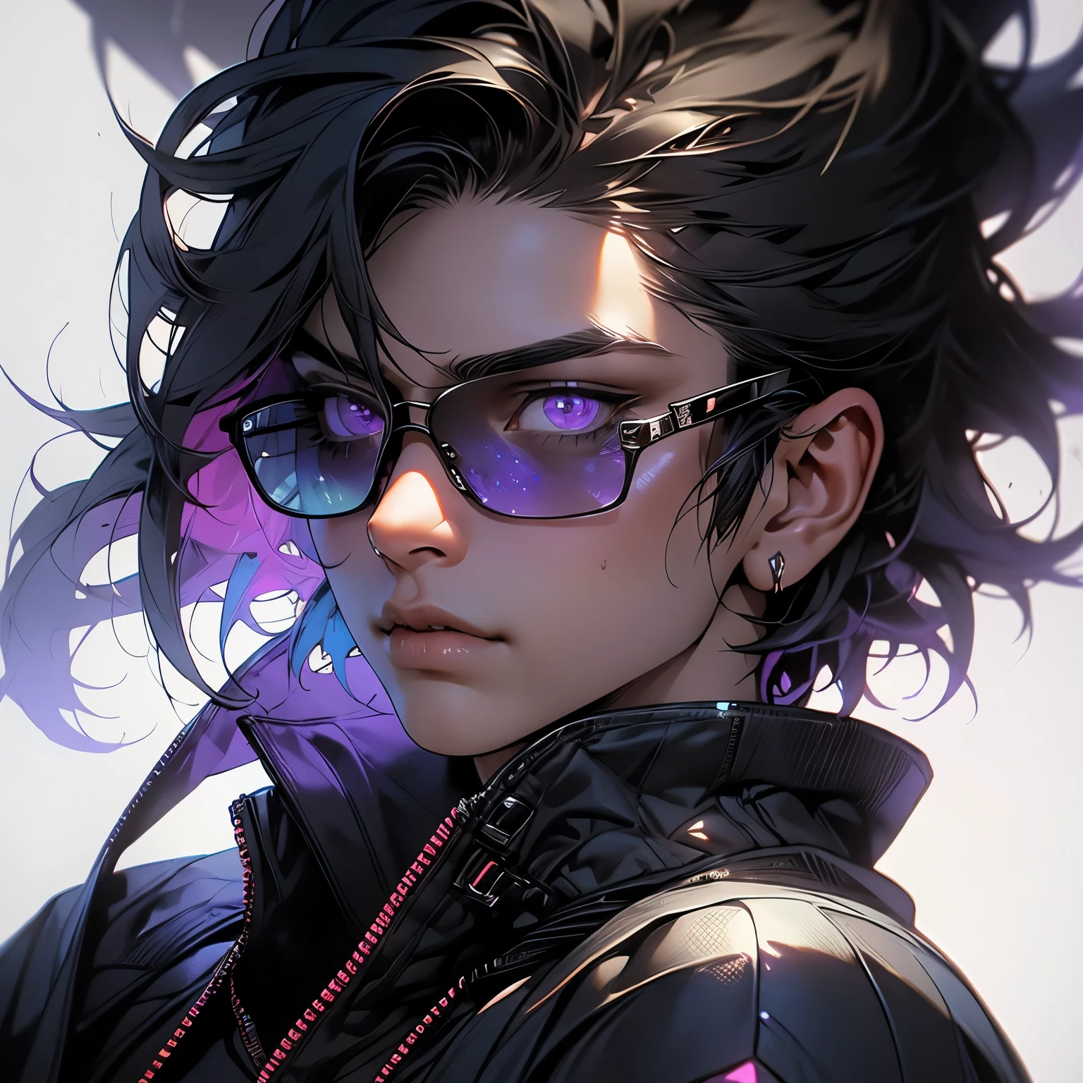 Young Male, Assassin, Hood, White Coat, White Shirt, Cyberpunk, Handsome, Dark Skin, ((Draconic Scales)), Horns coming out of his face, Black Hair, ((Shorthair)), Purple Eyes, Ray Band Shades, Menacing, Slim, 3D, Cinematic Lights, Vibrant Colors, Full Body, Realistic, Tokyo City, Very Detailed, HD, 8K, Masterpiece, HDR