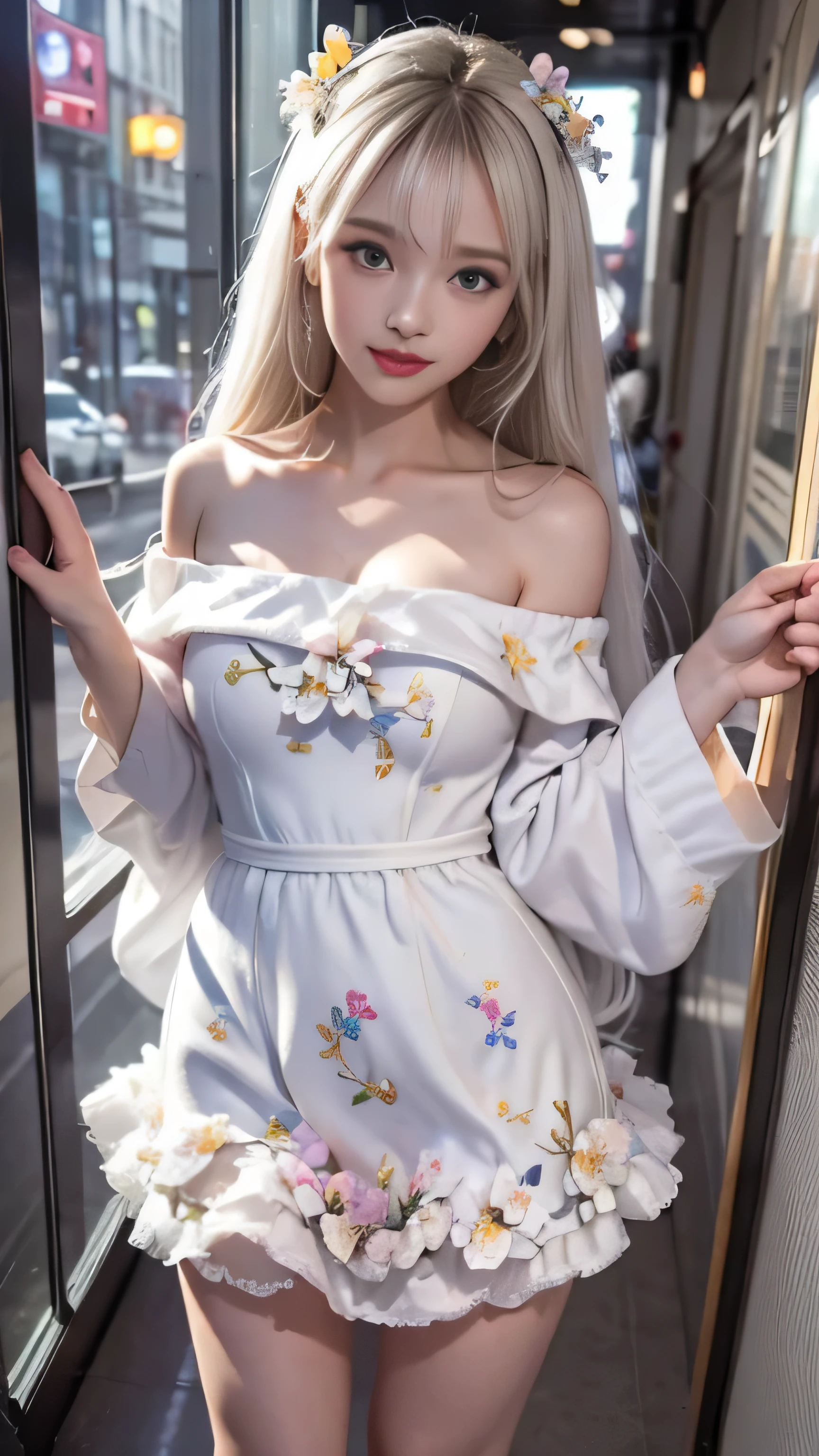 Portrait、bright look、young shiny glossy white shiny skin、best looks、ultimate beautiful girl、The most beautiful platinum blonde hair in the world、shiny bright hair,、Super long smooth straight hair、Shining beautiful Bangs、Sparkling crystal clear charming blue eyes、Very beautiful and lovely cute 16 year old girl、rich bust((girl standing in the office))、 silver hair, bangs, Dull bangs, long straight hair, aqua eye, long eyelashes, solid circle eye, compensate, open your mouth, blush, parted lips, bright pupils, smiley, enchanting smile, shine, surrealism, modern、black pantyhose、high heels、((pure white dress、floral dress、、off shoulder、Upskirt: 1.6))、Skyscrapers are hazy in the window4、