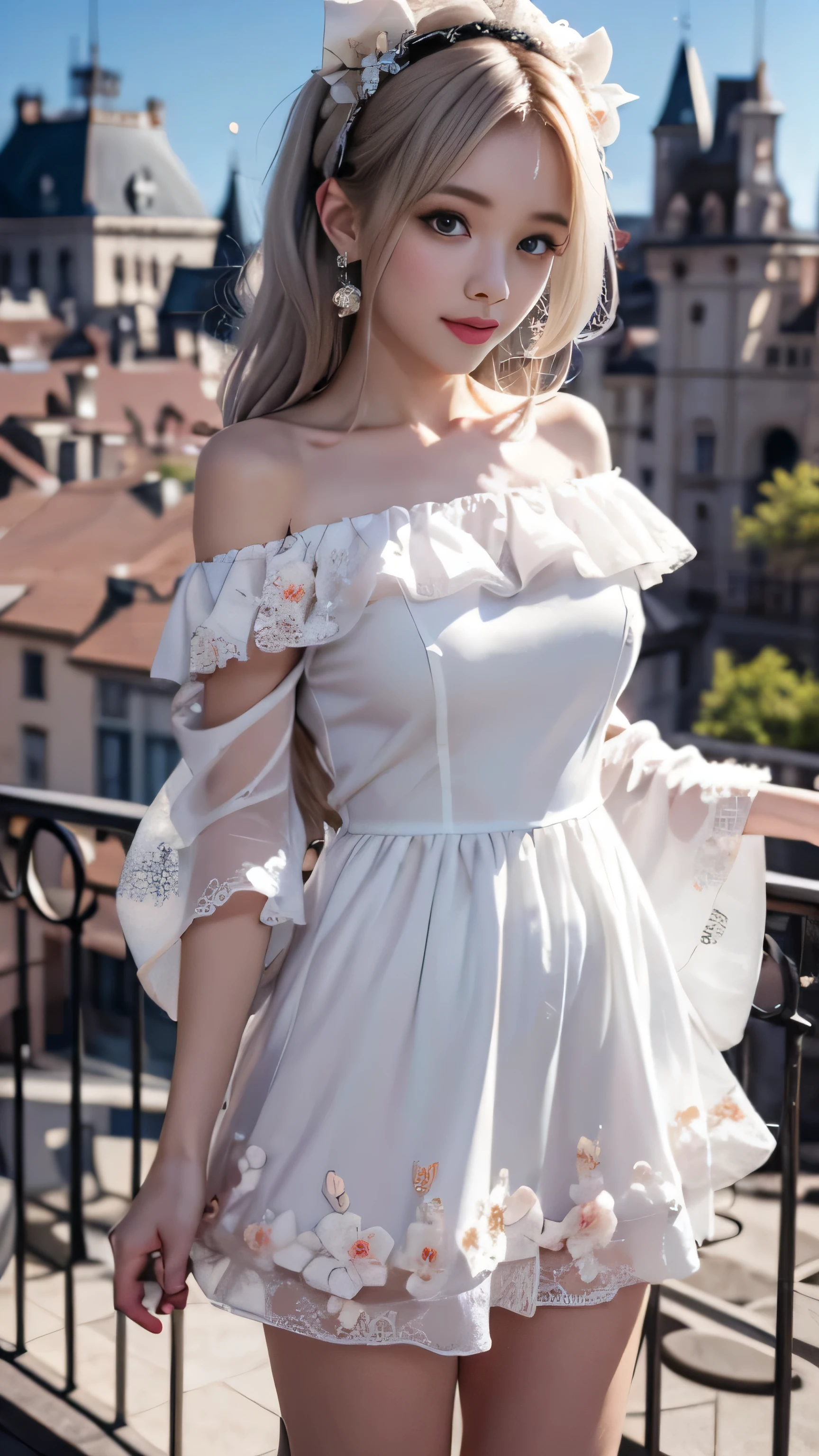 (Girl standing on the balcony of an old castle)、bright look、young shiny glossy white shiny skin、best looks、ultimate beautiful girl、The most beautiful platinum blonde hair in the world、shiny bright hair,、Super long smooth straight hair、Shining beautiful Bangs、Sparkling crystal clear charming blue eyes、Very beautiful and lovely cute 16 year old girl、rich bust((girl standing in the office)）、 silver hair, bangs, Dull bangs, long straight hair, aqua eye, long eyelashes, solid circle eye, compensate, open your mouth, blush, parted lips, bright pupils, smiley, enchanting smile, shine, surrealism, modern、black pantyhose、high heels、（(pure white dress、floral dress、、off shoulder、Upskirt: 1.6)）、(Behind me, the old European castles are hazy.)