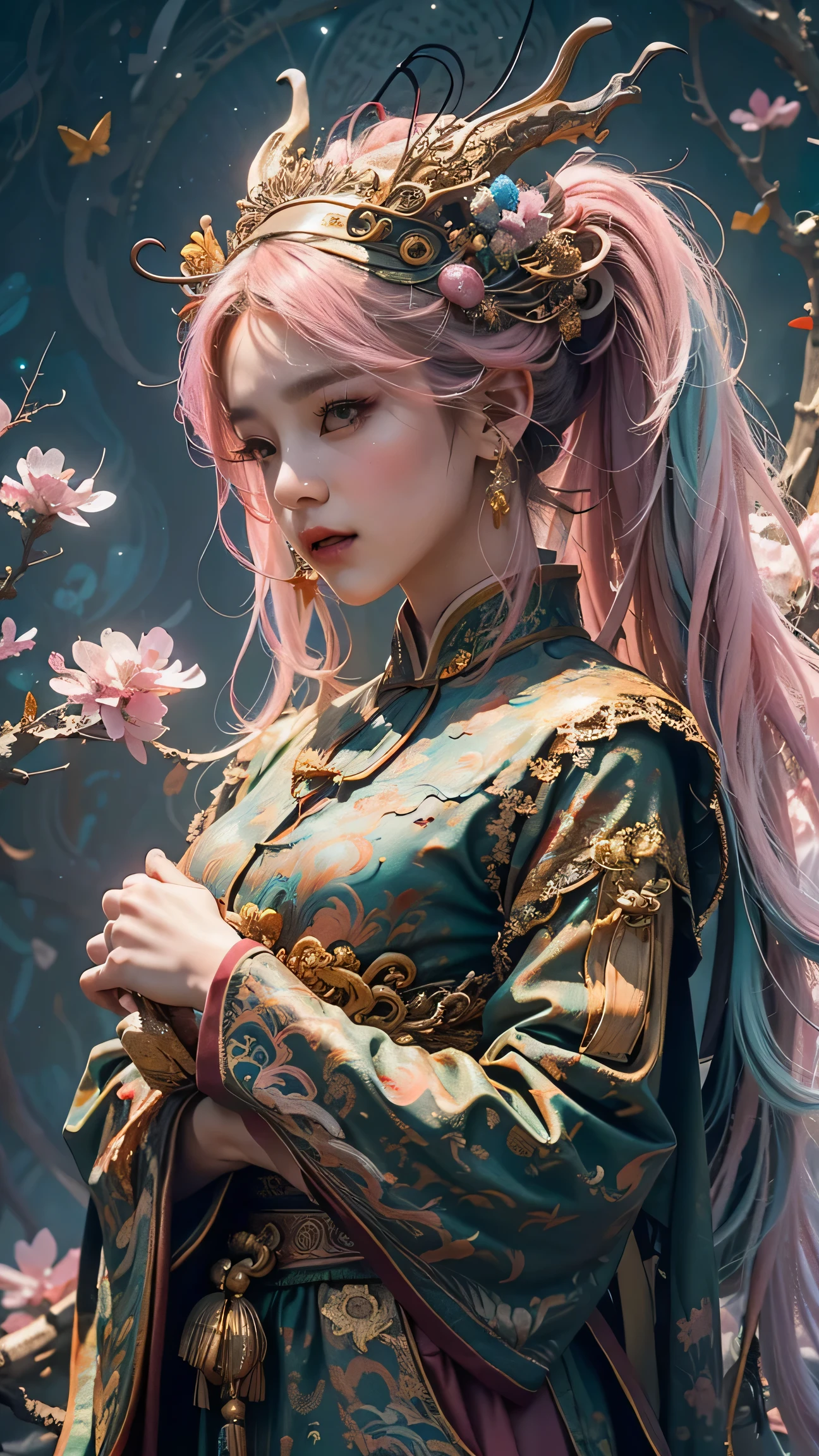 Photo-realistic (1 cute Korean star) wrapped in mummy, long straight hair, Put on some makeup, Medium bust, long dress, wide angle, Canon EOS clear face feature High resolution 8K, clear details, realistic, ancient chinese dragon background, Surrounded by butterflies, (pink blue theme)