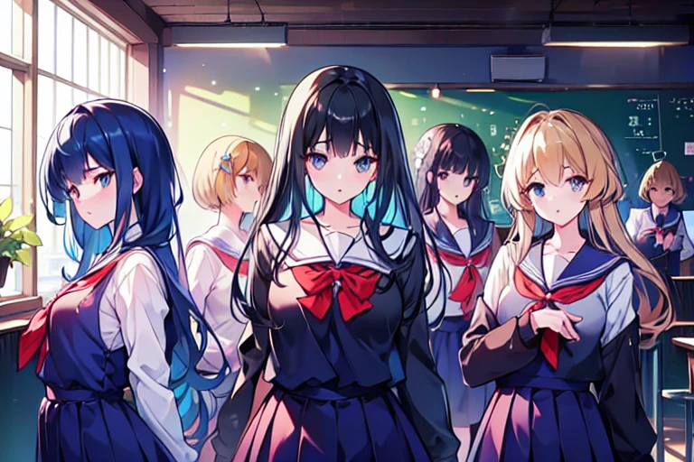 5+girls,cowboyshot,pov,beautiful detailed eyes, detailed lips, long eyelashes, bright and vibrant colors, natural lighting,(best quality, 4k, highres), ultra-detailed, soft and smooth texture, no distractions, dreamlike sensation, slight bokeh effect,highlighting her figure,deformed and independented breasts,schooluniform,side by side,Different posing,surrounded by girls,(small breasts:1.3)