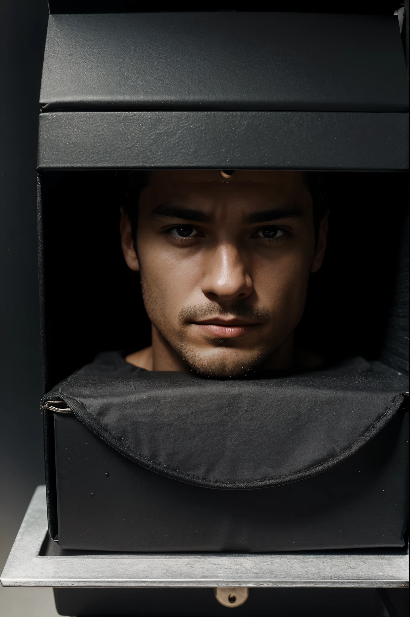 A black box with the image of a man with a thoughtful face 