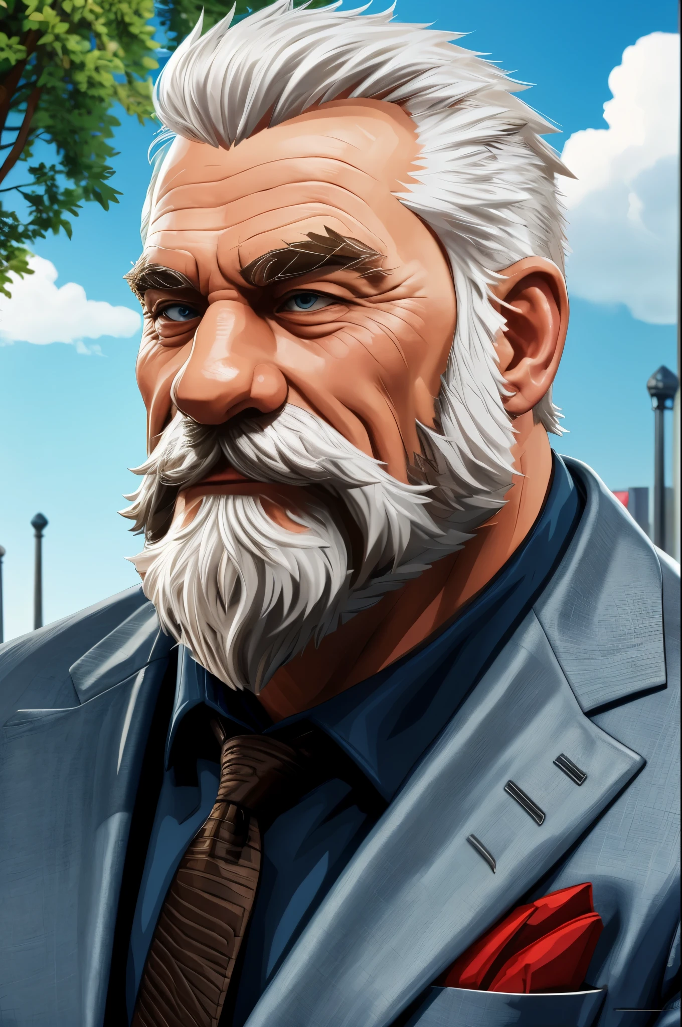 masterpiece, high quality, 8k, FHD, HDR, portrait, muscular old man in park, beard, happy, summer, suits, vector, mwvector, detailed vector, high detail, half body, realistic, white hair