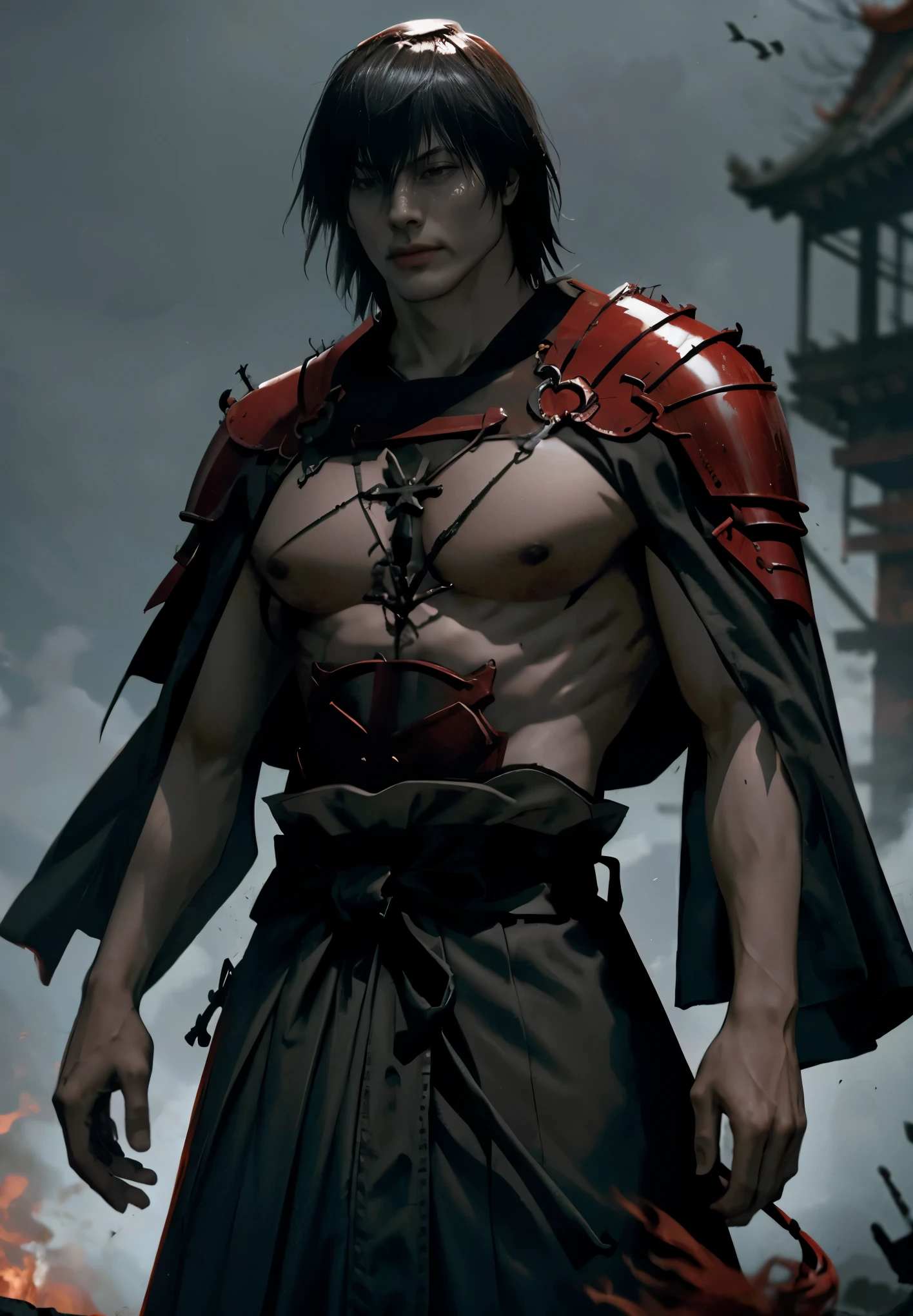 Vampiro_caballero, solo, retrato,, (majestuoso, impresionante, Exquisito:1.3),toji fushiguro,fallen samurai,embers,gloomy and eerie atmosphere,red samurai,dramatic lighting,cracked red armor,intricate details,A lost battle,Fading glory,ghostly shadows,foggy background,Face under the mask,Majestic helmet,A figure, rising smoke, Doomed fate, grim ruins, Majestic composition, Military honor, loneliness, firefighting, A sinister presence, ash and smoke, Bloody earth, Worn armor, determination, Glyph of courage, The end of the samurai era, A field devastated battle fighter, standing in the middle of the battlefield [dull color palette],[subdued tones],[intrusive atmosphere:0.9]