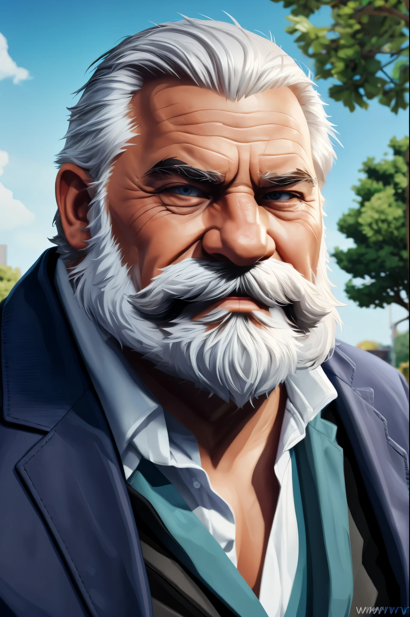 masterpiece, high quality, 8k, FHD, HDR, portrait, muscular old man in park, beard, happy, summer, suits, vector, mwvector, half body, realistic, photorealistic, white hair