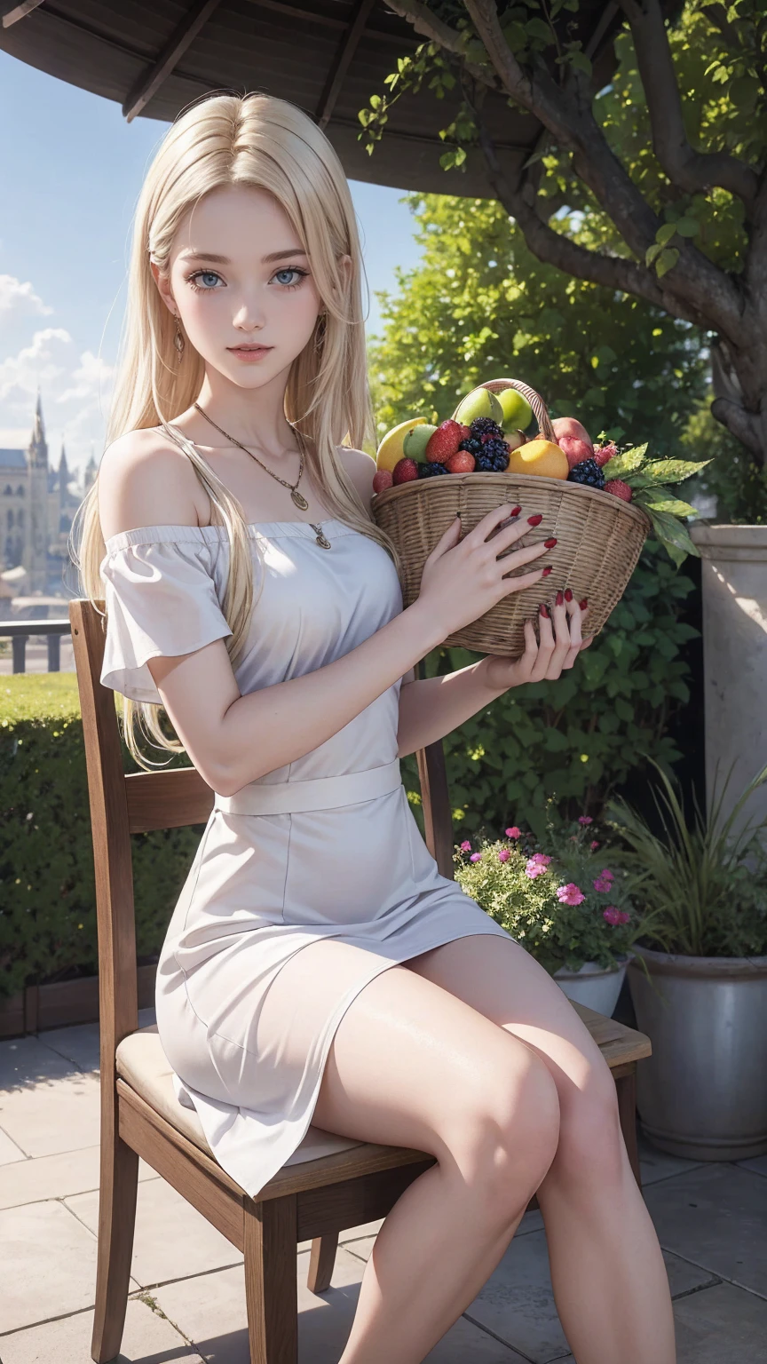 ((最high quality, 8K, masterpiece: 1.3, Ultra HD, high quality, 最high quality, High resolution, realism)) 、(high color saturation:1.0), (highly detailed skin), (最high quality:1.0), (超High resolution:1.0) ,(realistic:1.0), (Super detailed:1.0), (8K, Raw photo:1.1), slender、Slender, muscular body that's toned like an athlete's、I don't want my head to disappear from the screen.、Accessorize your wrist、Wearing red nail polish、I have a peticure、25 year old white woman、platinum blonde、blue eyes、long hair、hair above one eye、smile、Gothic historical building、Sit on a chair on the terrace in the courtyard、The table is decorated with a basket of fruit and cups of drinks.、Wear an off-shoulder bodycon dress、Wear high heelansion garden、Blooming profusely、The ground in the courtyard is grass、Surrounded by a hedge、Blue sky beautiful、It's early summer、The wind is pleasant