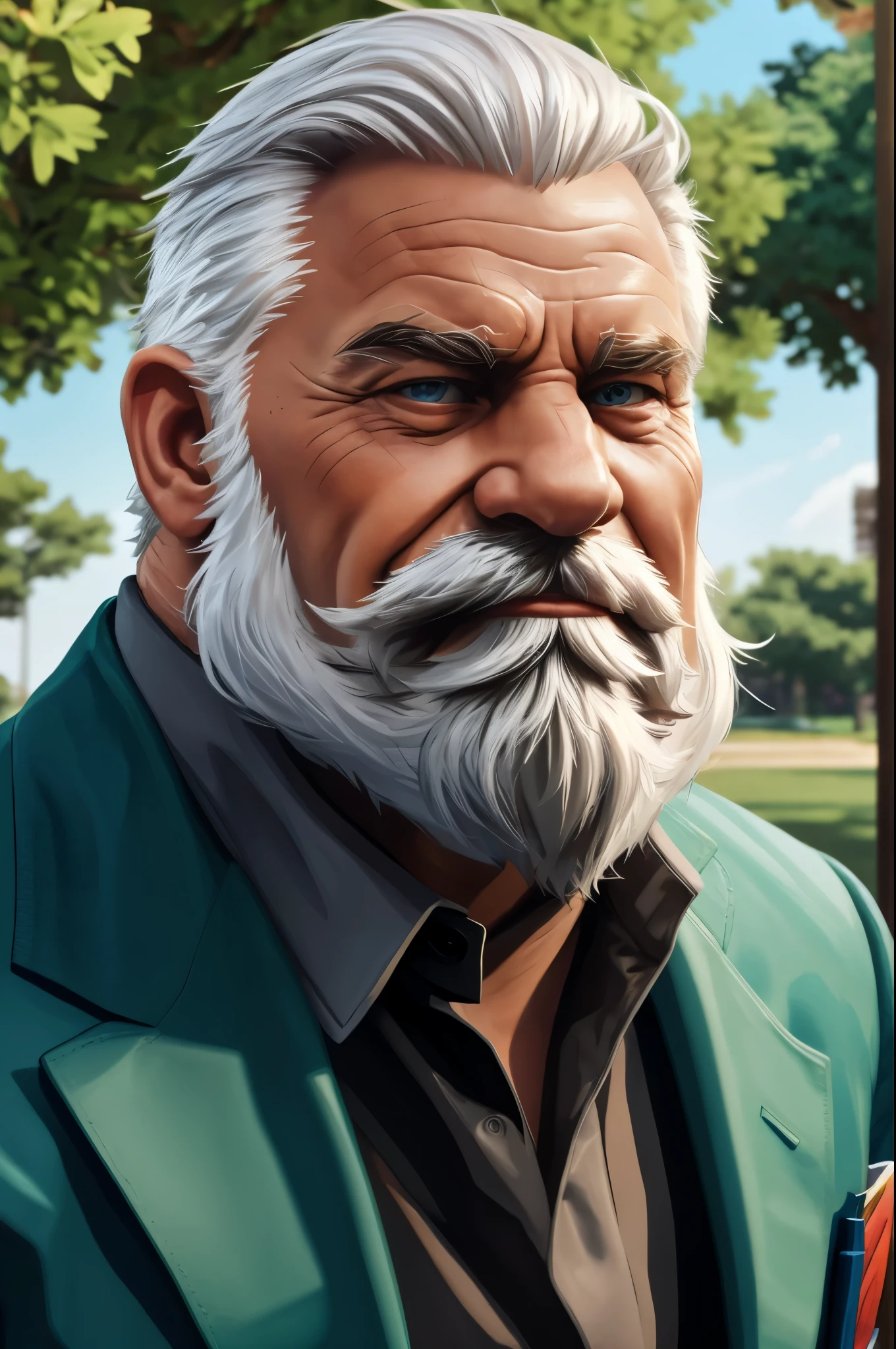 masterpiece, high quality, 8k, FHD, HDR, portrait, muscular old man in park, beard, happy, summer, suits, vector, mwvector, half body, realistic, photorealistic, white hair