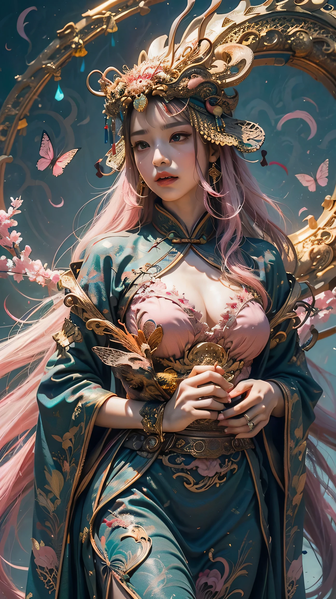Photo-realistic (1 cute Korean star) wrapped in mummy, long straight hair, Put on some makeup, Medium bust, long dress, wide angle, Canon EOS clear face feature High resolution 8K, clear details, realistic, ancient chinese dragon background, Surrounded by butterflies, (pink blue theme)