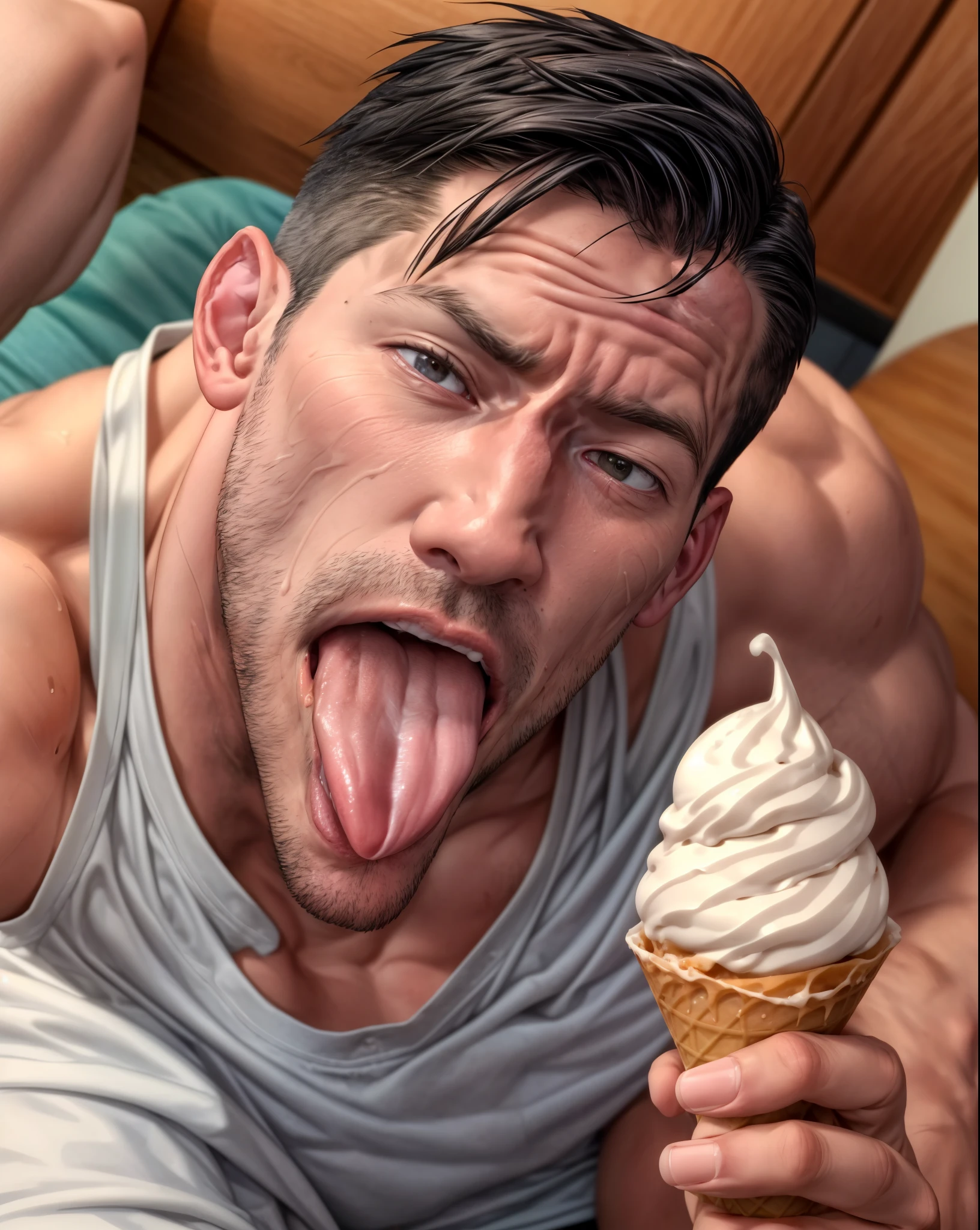 1boy, (sks person:1.1) licking a large ice cream cone, open mouth, (tongue out:0.7), realistic, ice cream on tongue, masterpiece, best quality, masculine, mature male, john cena, male focus, eat icecream, looking at viewer, sharp focus, (pov:0.6), holding, food 