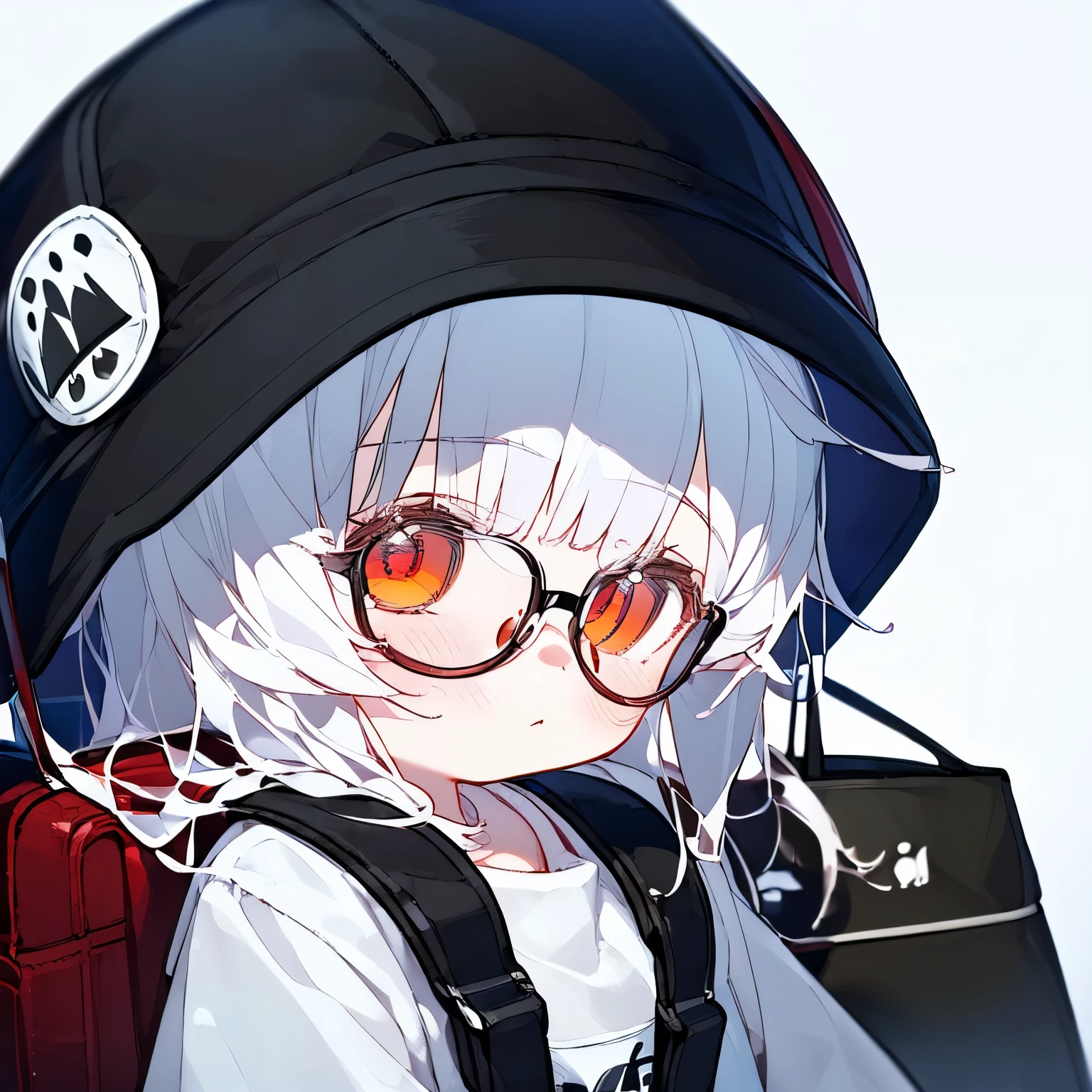 (best quality,masterpiece:1.3),((cute 1 girl:1.2)),(,8 :1.4), expressive eyes, perfect face, eye (red), Simple White Headphones, Bucket Hat, wolf hair Black, Round Glasses Black, Tote Bag, white oversize shirt, cafe, low view