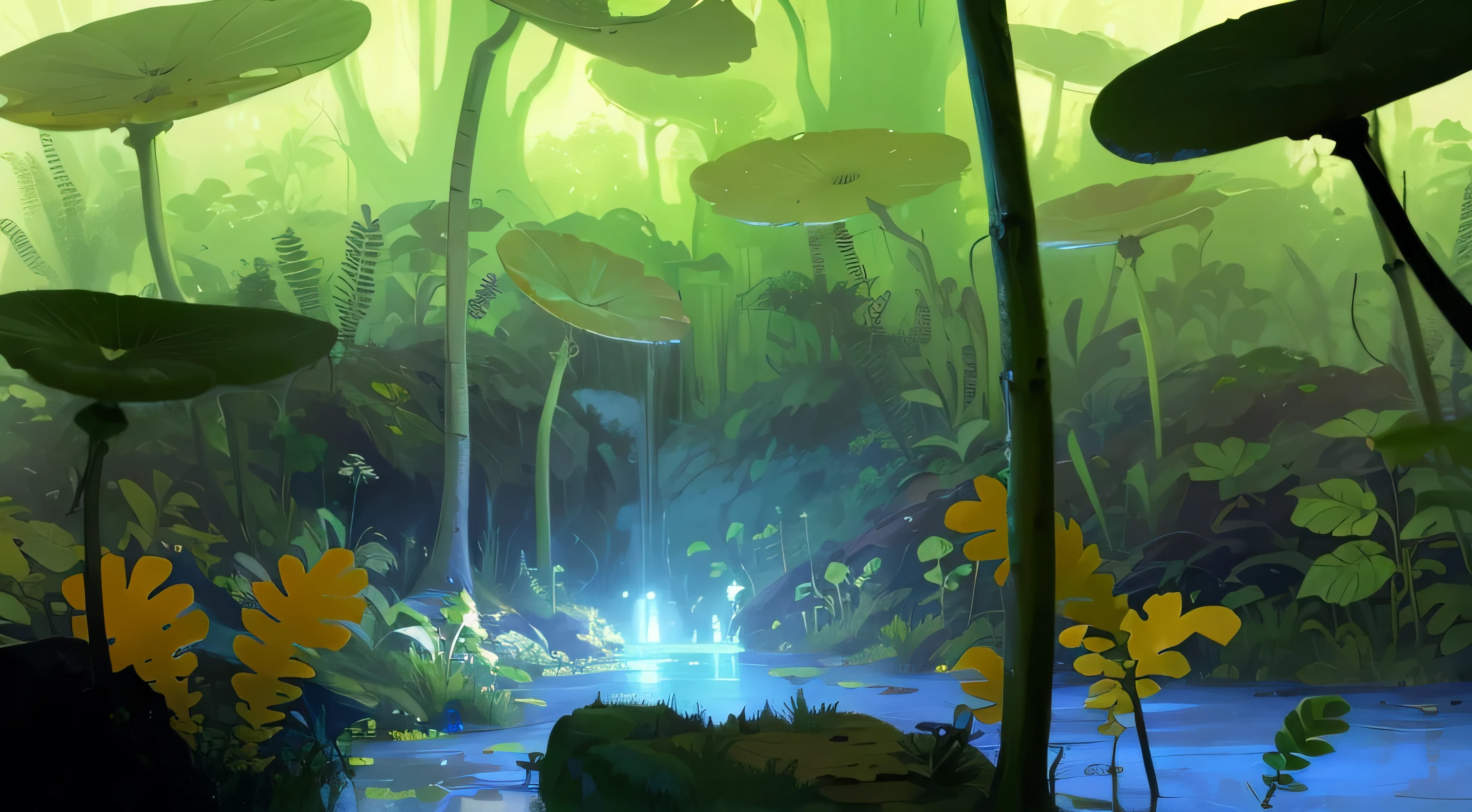 there is a painting of a forest with a pond and lots of plants, swampy atmosphere, lush alien landscape, luminescent concept art, inside an alien jungle, environmental concept art, rich diverse lush alien world, slime mold forest environment, strange alien forest, alien forest in background, an alien jungle, stylized concept art, environment concept art, neon radioactive swamp