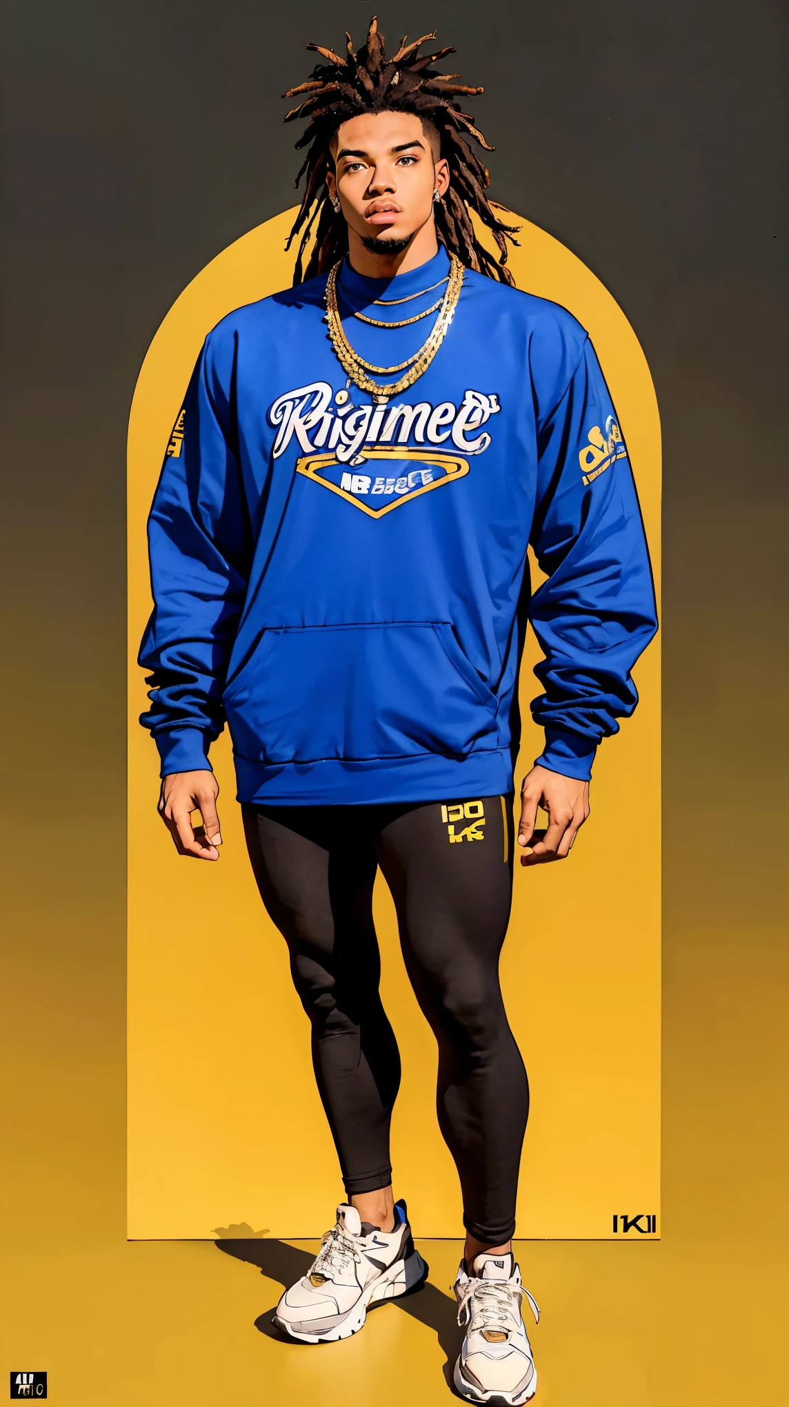 ((best quality,4k,highres,masterpiece:1.2)),((character concept art)), 1 male, 19-year-old African-American exchange student from U.S., college league player, American Football, Running Back position, athlete, athletic body, tall, broad shoulders, broad chest, very strong arms and legs, very muscular, dreadlock hairstyle, womanizer,  goer, arrogant, extrovert, famous for having bbc, wearing hip-hop style clothing, gold chain necklace, diamond stud earring, stylish sneakers, confident smirk, intense gaze, (standing confidently), (full body showcase), (show full body), (no logos on background), (no logo), ((plain background)), ((plain background)), (((empty background))