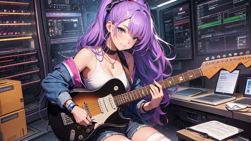 highest quality, Best image quality, girl, 20 years old, medium bust, Big breasts, sparkling tea eyes, rainbow hair, long hair, Wavy, High ponytail, Black short tube top, distressed denim jacket, distressed denim shorts, Thigh socks, Smile, Hand tattoo, Diamond earrings, wristband, necklace, sit on the chair, There is an electric guitar, Guitar Playing, Leaning forward, Open one shoulder, elated, beautiful art, background((Hacker Room, Server room, neon lights, braces, notebook)), flight, Debris flying, writing border depth, Movie, visual art, Perfect art, real, Verism, anime style, glowing light, cinematic lighting, masterpiece, high quality, 8K, masterpiece, anatomically correct, textured skin, super detail, best quality, 8k, super textured skin, super detail face, perfect face, Super fine facial details, beautiful and delicate eyes, perfect eyes, correct limbs, correct finger, super detail finger, best hair quality, best clothing quality, best prop quality,