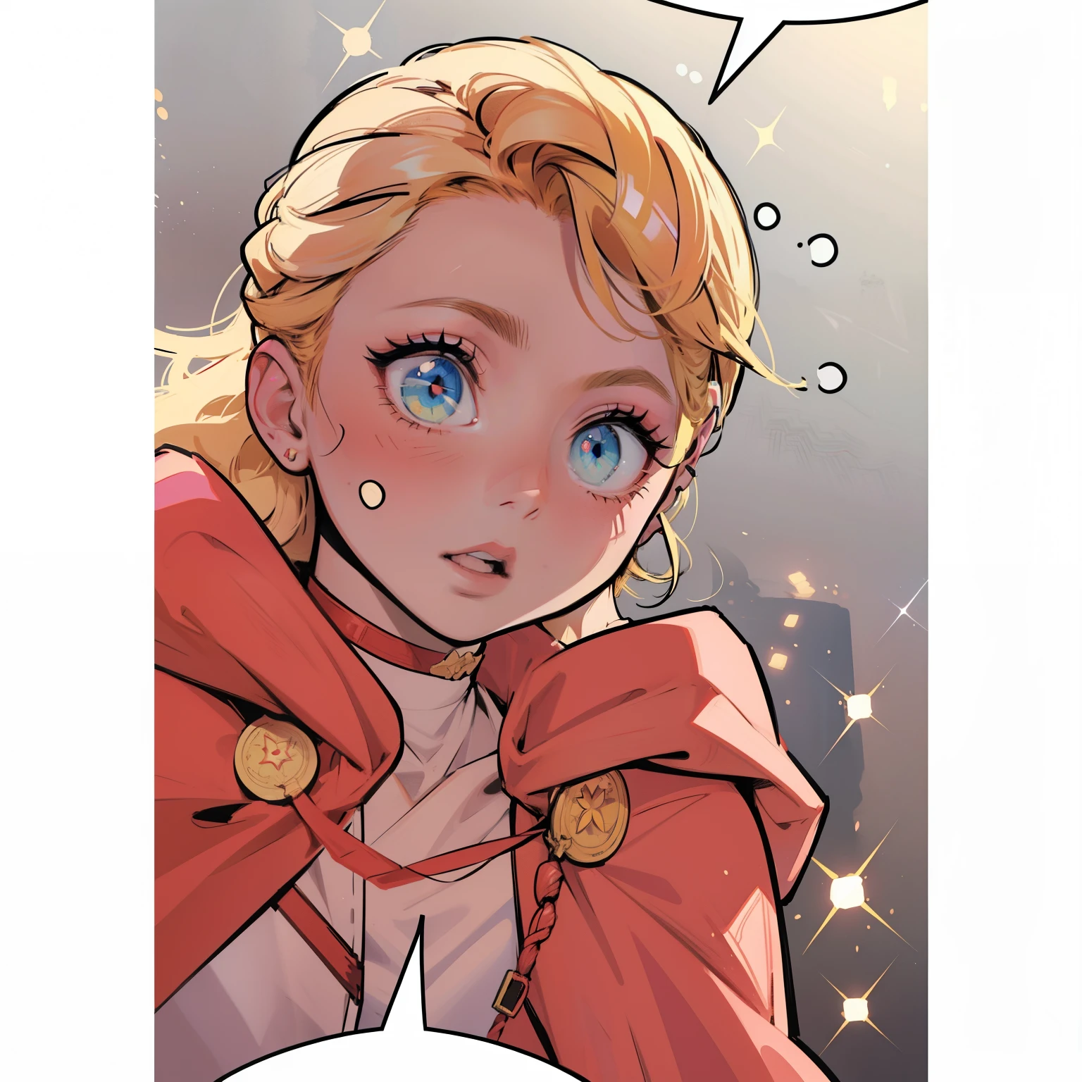 a cartoon picture of a woman with a red cape and a speech bubble, colored lineart, clean lineart and color, coloured lineart, blonde - haired princess, high quality colored sketch, female protagonist 👀 :8, colored manga panel, color manga panel, digitally colored, a fantasy comic book style, she has a distant expression, coloured line art, cores fortes, cores saturadas (colorido)