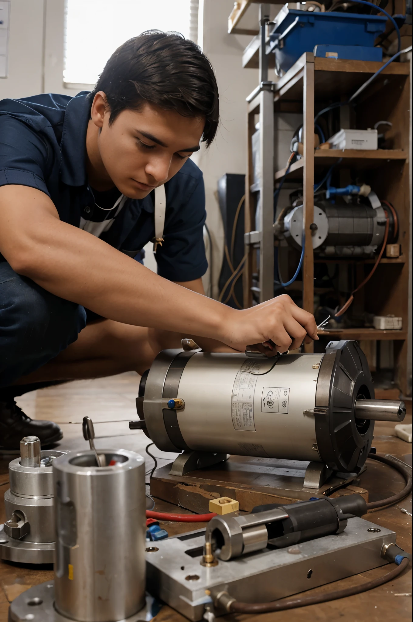 an engineering student repairs an induction motor in class