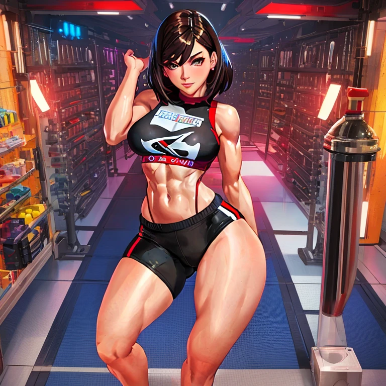 Stunning fit latina woman, defined muscle tone, short brown hair, hyperdetailed face, mischievous smile, gym clothing, hourglass body, big hips, small breast, long sensual legs, provocitave pose, digital painting, extreme detail, digital art, 4k, ultra hd, hyper detailed, hyper realistic, photorealistic, detailed, vibrant, sharp focus, character design, artgerm, kuvshinov, character design,