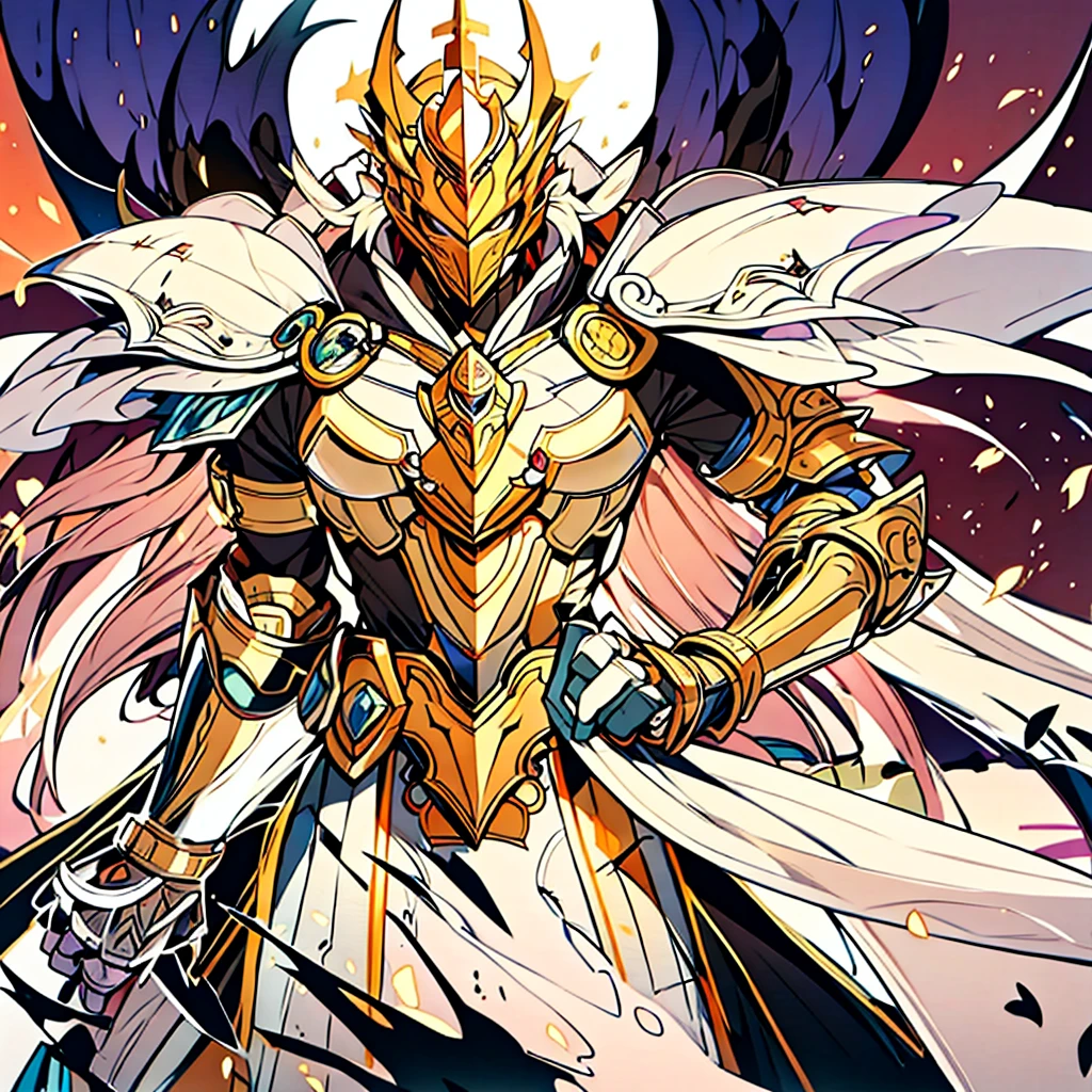 masterpiece, highest quality,Holding a seven-colored sword,Anime character holding sword and armor standing in front of a background, holy paladin, wears light armor, white armor, epic paladin armor, gold paladin, male paladin, fantasy paladin, intricate white armor, paladin armor, covered in full silver armor, silver armor, wearing opal armor, Dragon Knight, detailed white armor, paladin