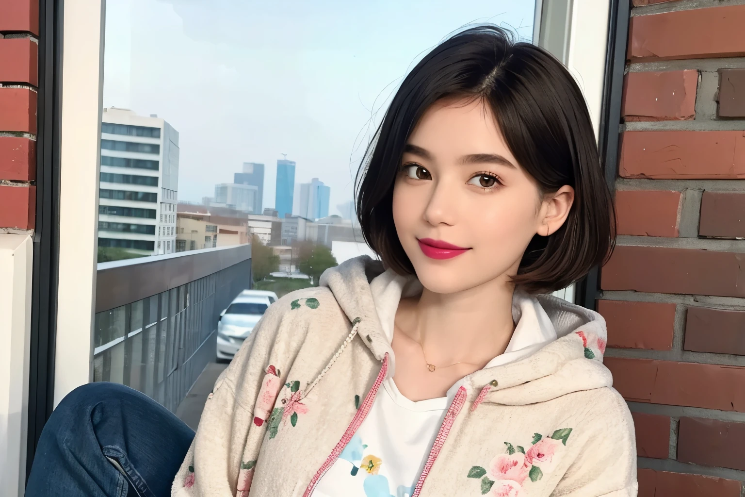 200 (snapdd00-Fp16), woman, Floral Hoodie, gentle smile, lipstick, short hair, A retro brick town, wearing jeans