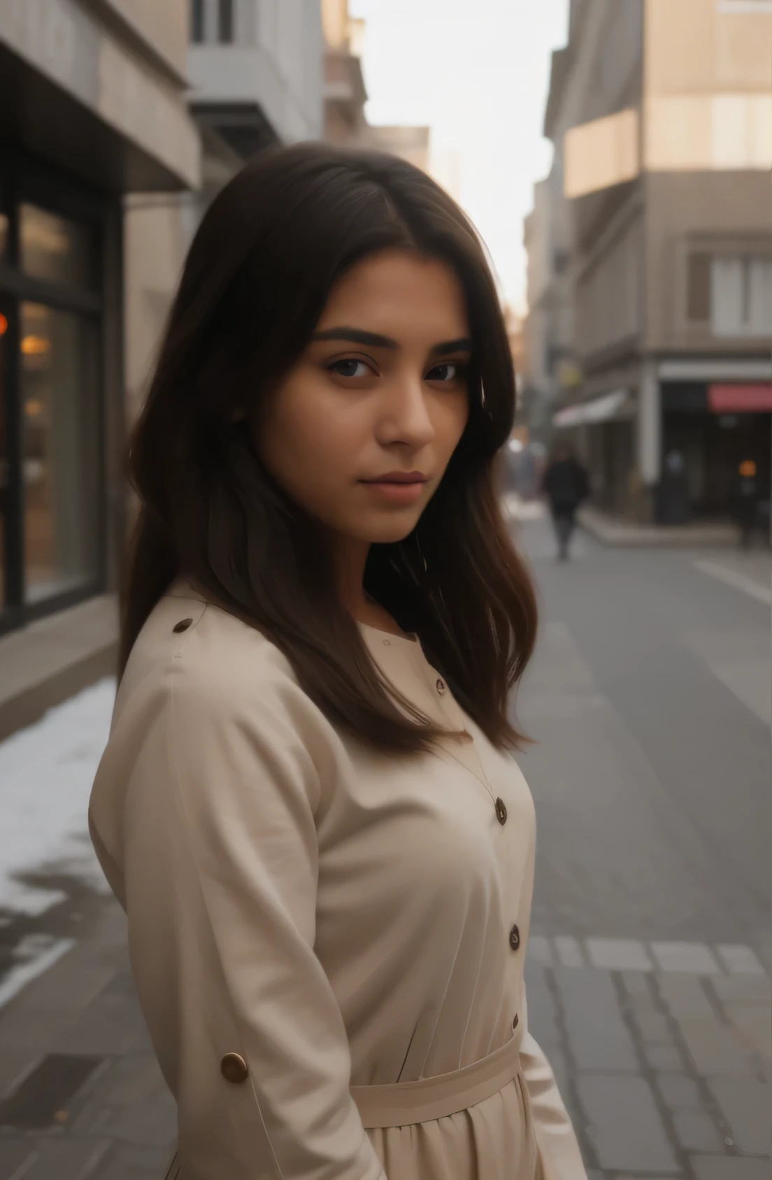 here is a woman in a white shirt with buttons,grey jeans,full sleeve,outside,city,long hair,,snow background, indian girl with brown skin,europe street, sexy girl with dark complexion, tanned beauty portrait, hyper realistic, realistic digital painting, detailed beauty portrait, detailed beautiful portrait, with brown skin, in a europe city, photorealistic beautiful face, photorealistic, realistic female portrait, realistic woman