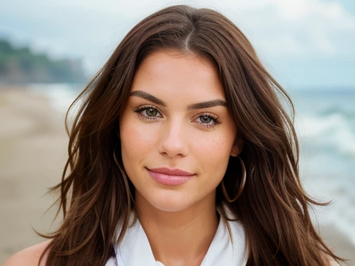 Photorealistic, ultra-detailed, Portrait of Anna Joy Taylor, at the beach, walking with a puppy, solo, Looking directly at the camera,Highly detailed, 25 years old, innocent face, wavy chestnut hair, green eyes, high resolution,Masterpiece, Best quality, intricate details, sharp focus, detailed skin, realistic skin texture, texture, detailed eyes, professional, 4k, charming smile, shot on Canon, 50mm, shallow depth of field, Kodak Portra Color, fit physique, extremely detailed, photography\_ultra, Photorealistic, real-life, post-processing, maximum details, roughness, Ultra-