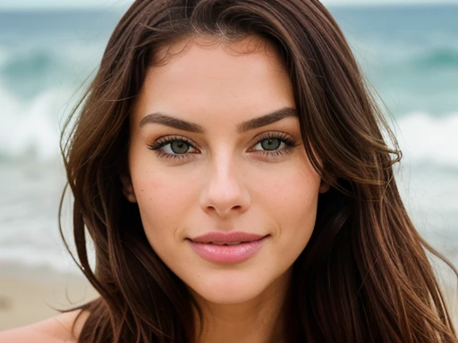 Photorealistic, ultra-detailed, Portrait of Anna Joy Taylor, at the beach, walking with a puppy, solo, Looking directly at the camera,Highly detailed, 25 years old, innocent face, wavy chestnut hair, green eyes, high resolution,Masterpiece, Best quality, intricate details, sharp focus, detailed skin, realistic skin texture, texture, detailed eyes, professional, 4k, charming smile, shot on Canon, 50mm, shallow depth of field, Kodak Portra Color, fit physique, extremely detailed, photography\_ultra, Photorealistic, real-life, post-processing, maximum details, roughness, Ultra-