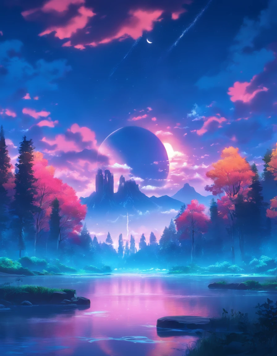 View of a river flowing through a forest with a full moon in the sky, Matte painting by Raphael Lacoste, Trending with ArtStation, fantasy art, beautiful render of a landscape, Quiet and peaceful atmosphere, unreal engine fantasy art, Horizon Zero Dawn Etic, beautifully lit landscape, realistic fantasy rendering, fantasy matte paint,cute, Moonlit forest environment, peaceful environment
