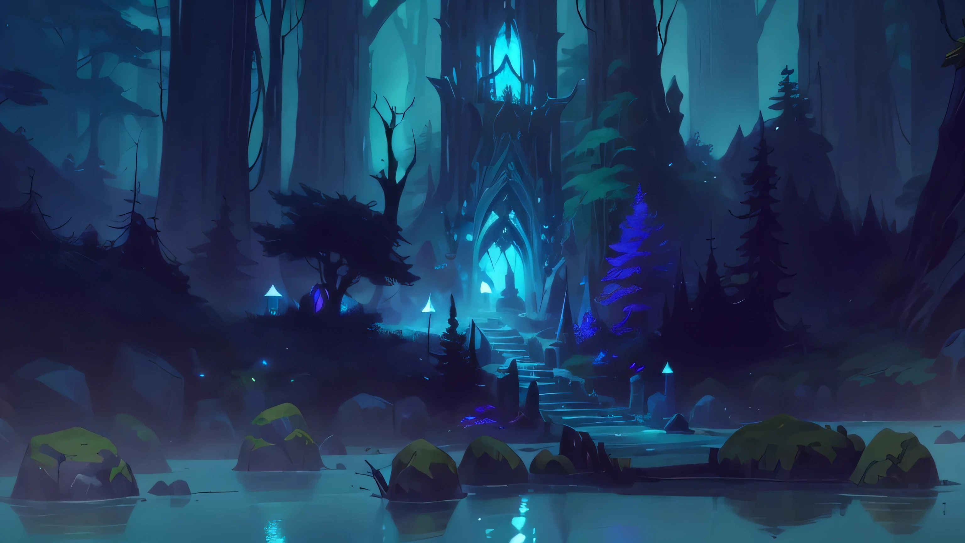 there is a small boat in the water near a forest, magical fantasy 2 d concept art, concept art of a dark forest, fantasy forest environment, detailed digital 2d fantasy art, mystical forest lagoon, environment design illustration, luminescent concept art, digital 2d fantasy art, background artwork, environment and concept art, environment concept art, fantasy forest landscape, magical environment